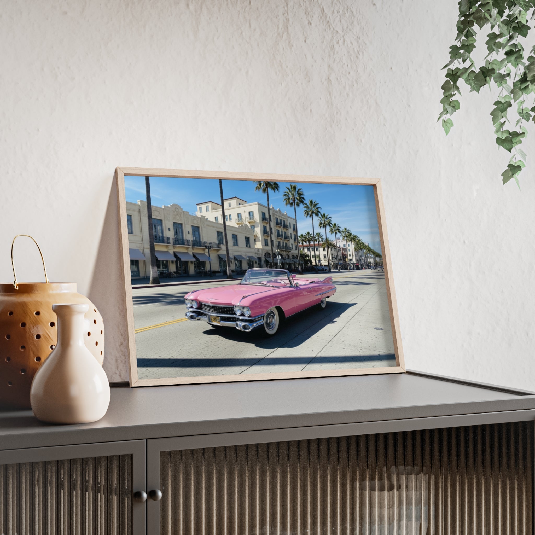 Retro Pink Cadillac Poster with Wooden Frame — Vintage Palm-Drive Wall Art