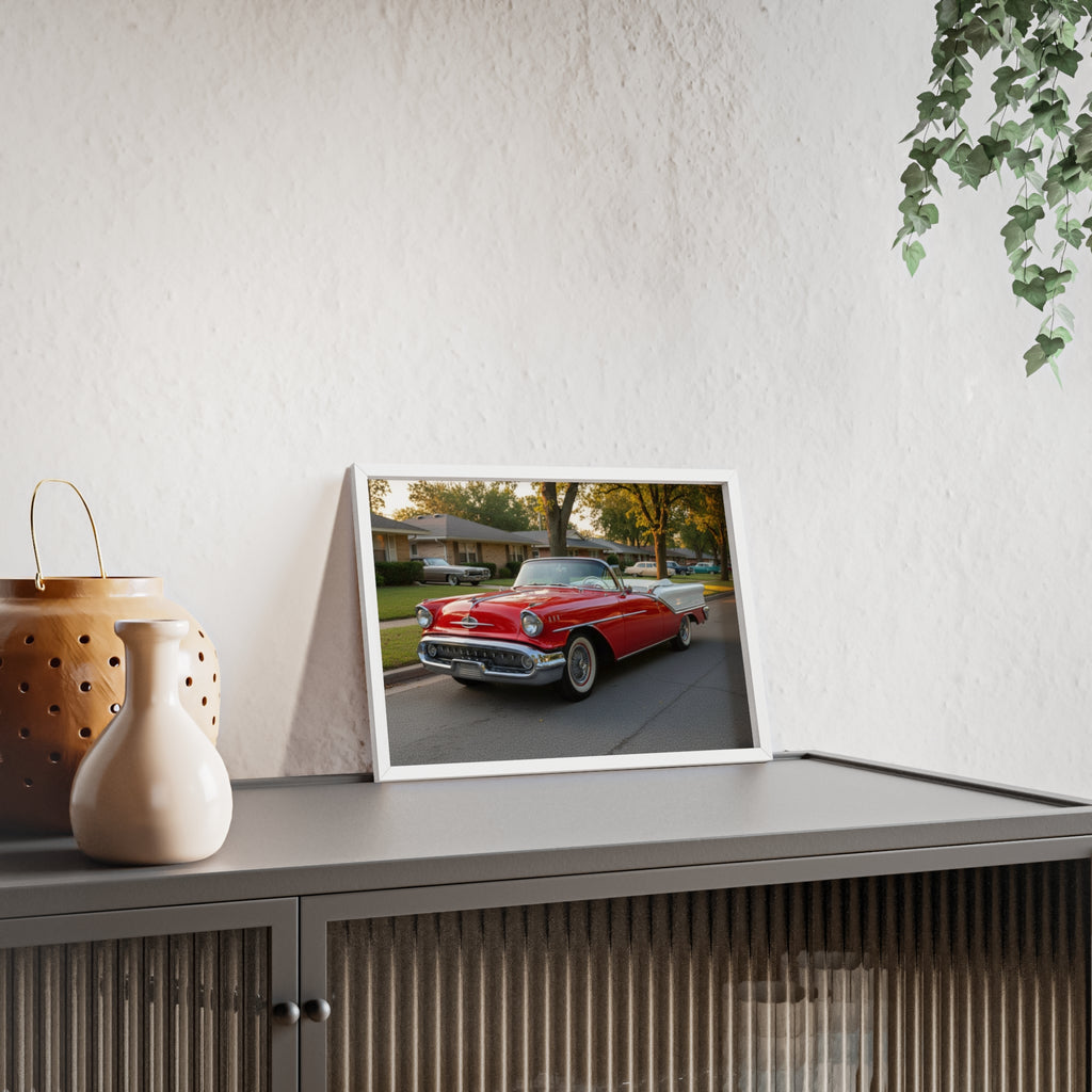 Vintage Red Convertible Poster with Wooden Frame — Classic Car Wall Art