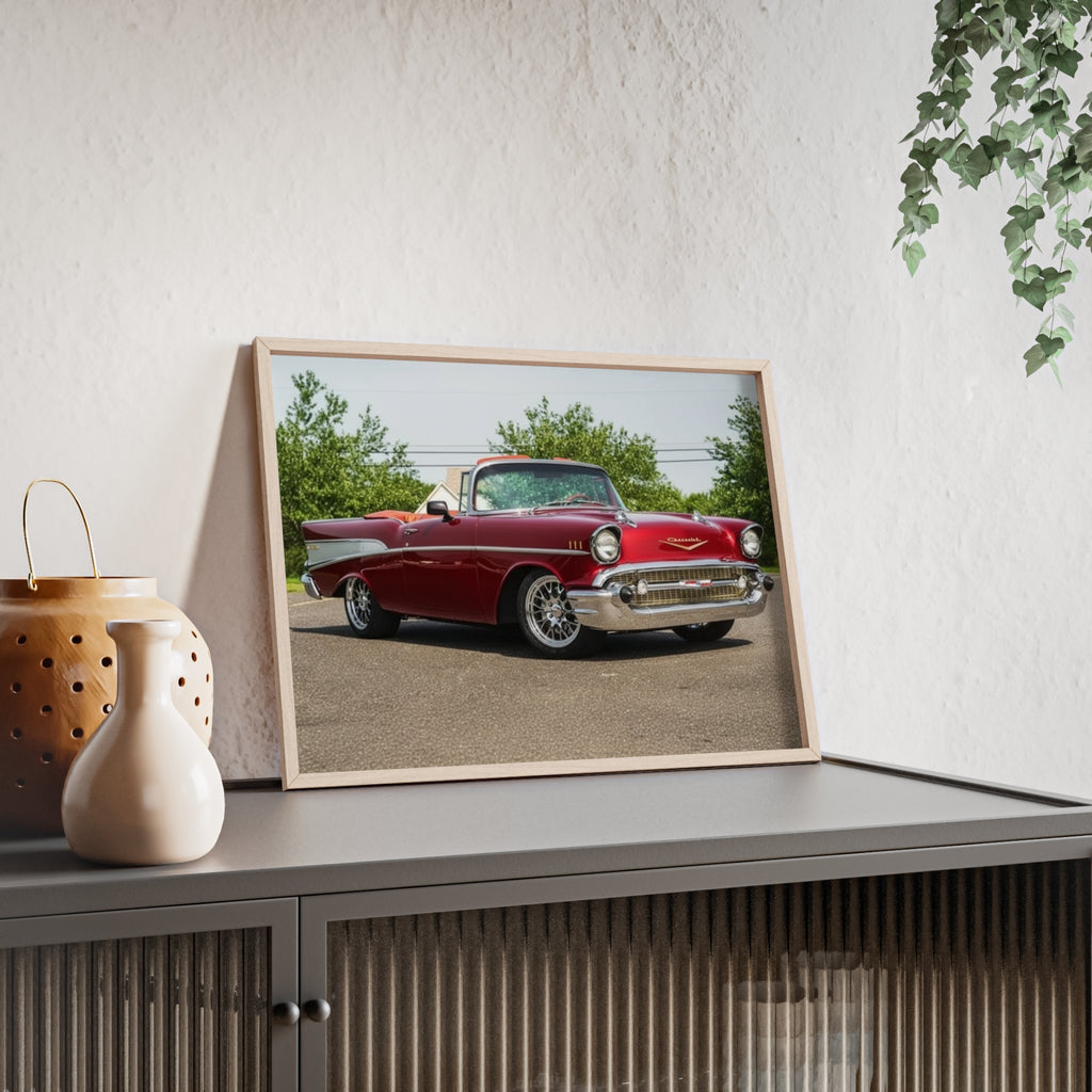 Vintage Red Classic Car Poster with Wooden Frame — Retro Automotive Wall Art