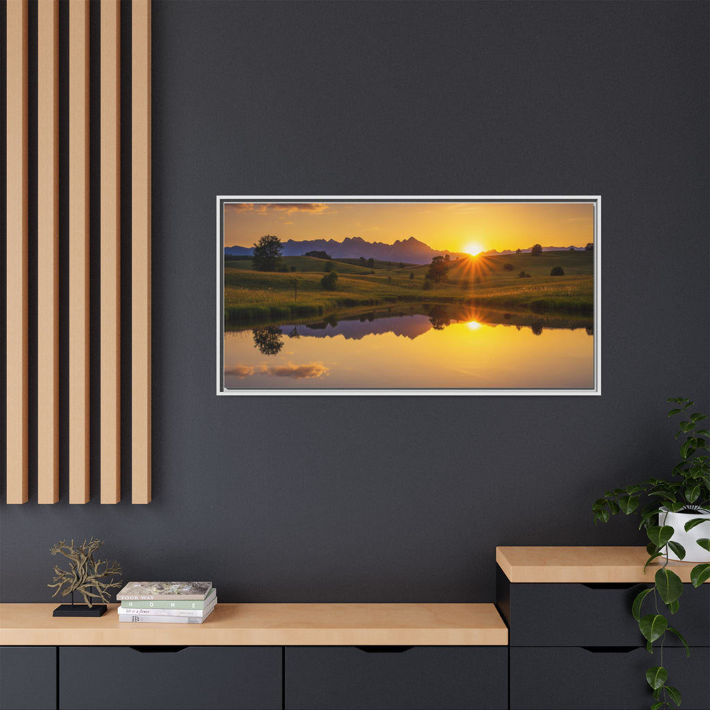 Framed Matte Canvas Sunset Landscape — Serene Lake Reflection Wall Art