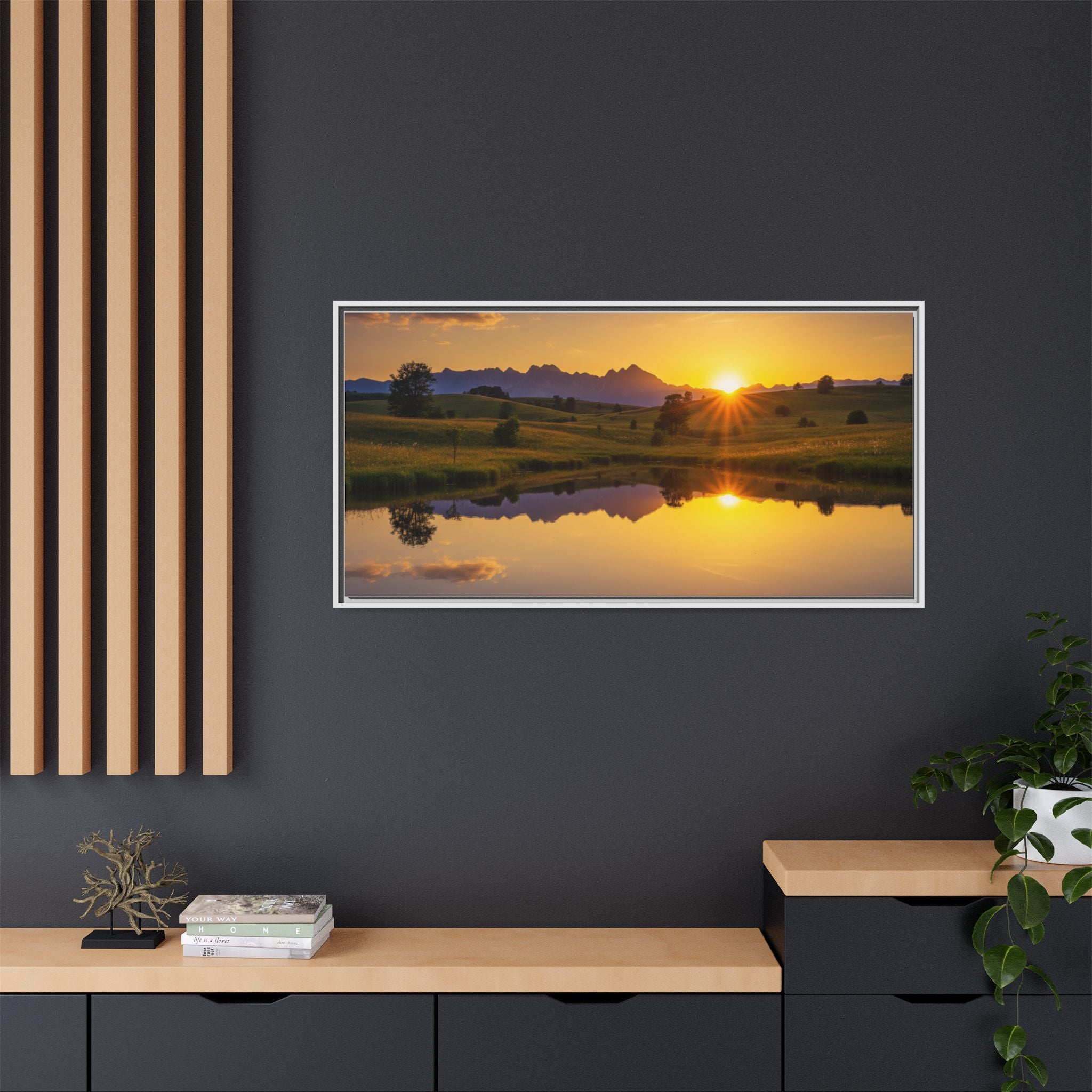 Framed Matte Canvas Sunset Landscape — Serene Lake Reflection Wall Art