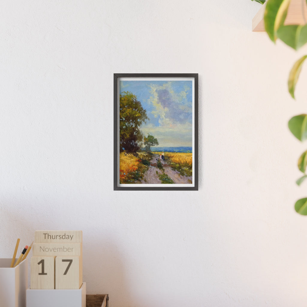 Framed Countryside Landscape Poster — Rustic Wooden Frame Wall Art