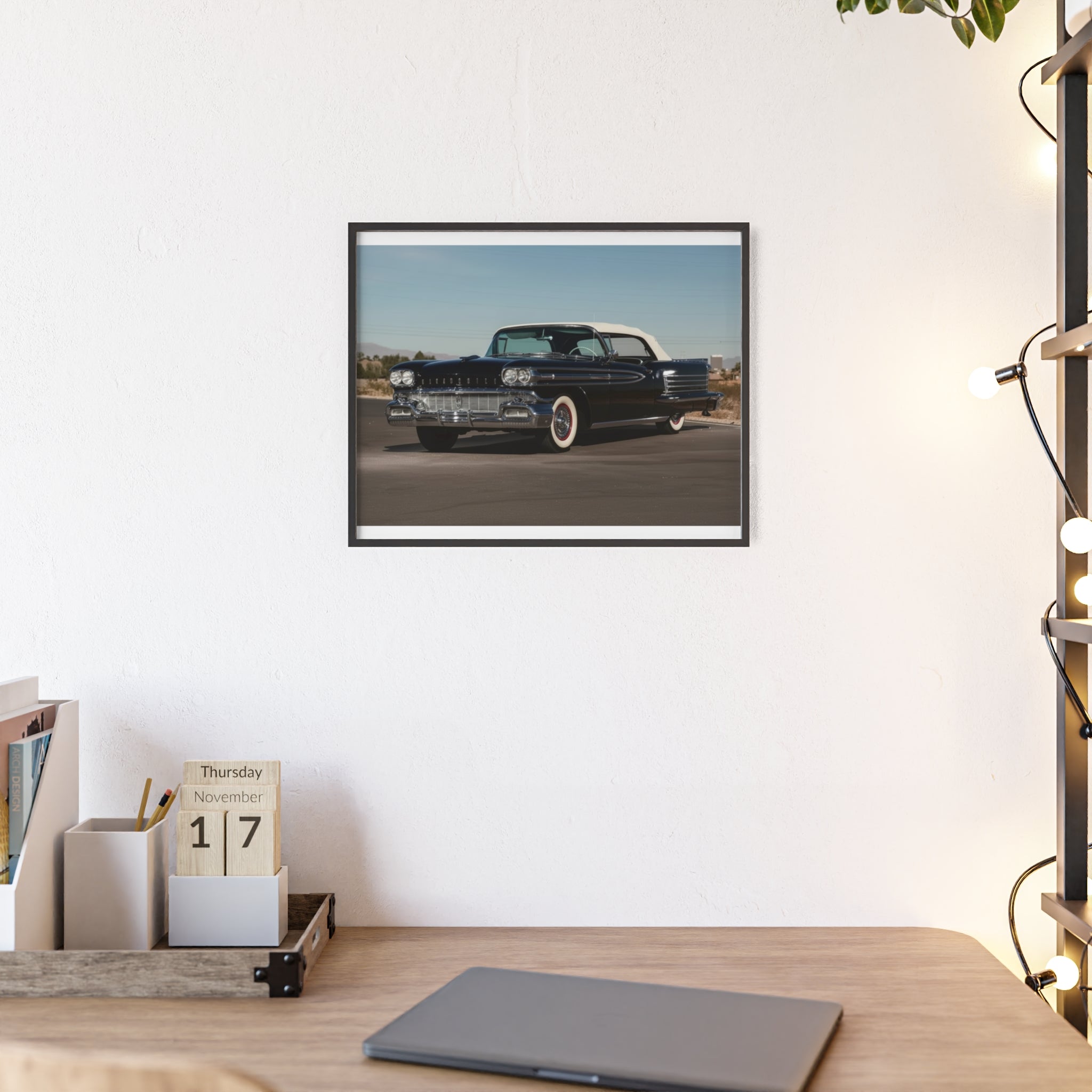 Vintage Black Classic Car Poster with Wooden Frame — Retro Automobile Wall Art