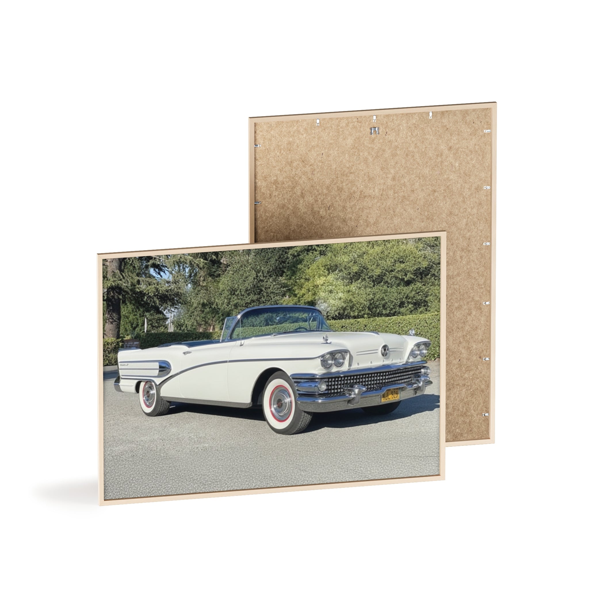 Classic White Convertible Car Poster with Wooden Frame — Vintage Auto Wall Art