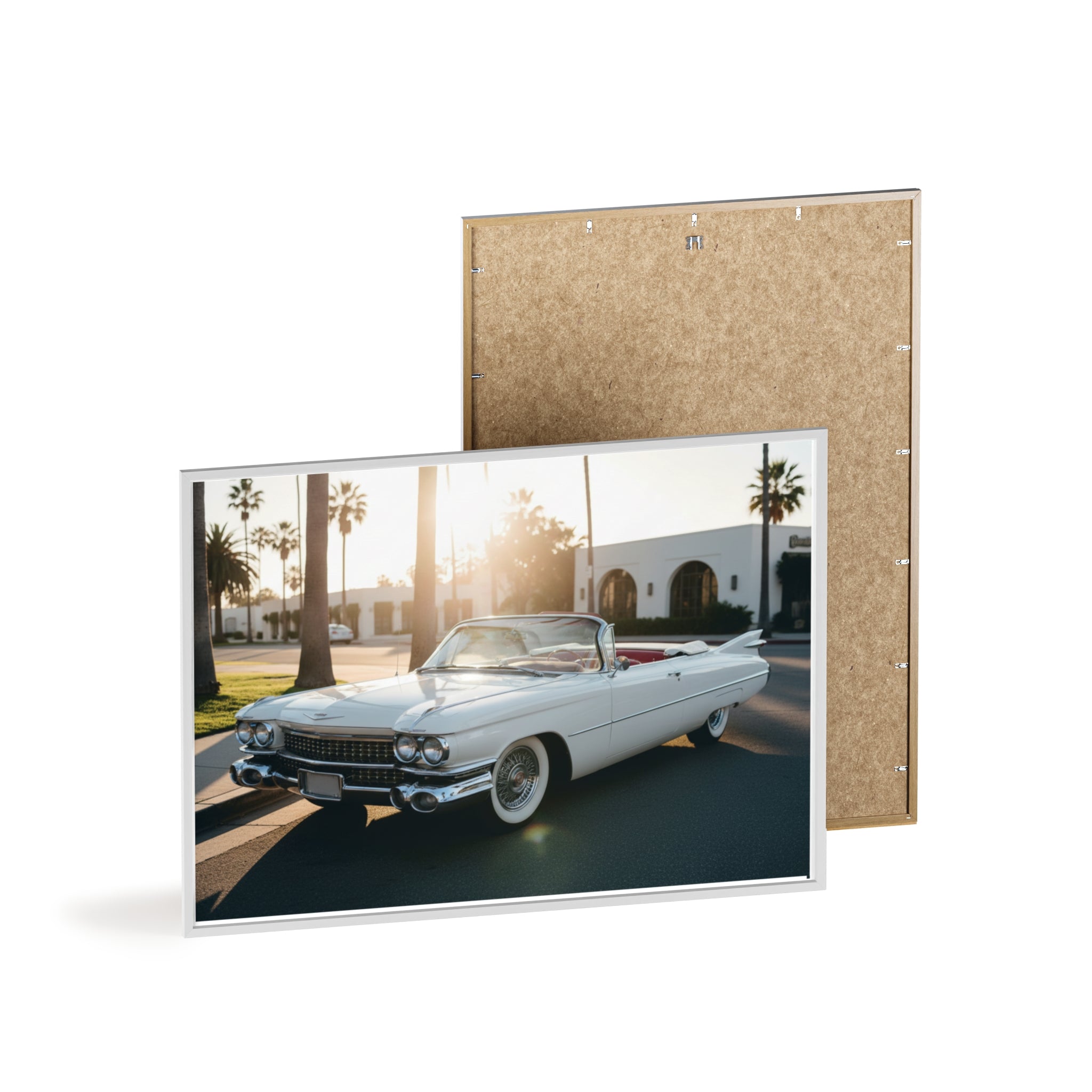 Vintage Cadillac Convertible Poster with Wooden Frame — Retro Palm Trees Sunset Wall Art