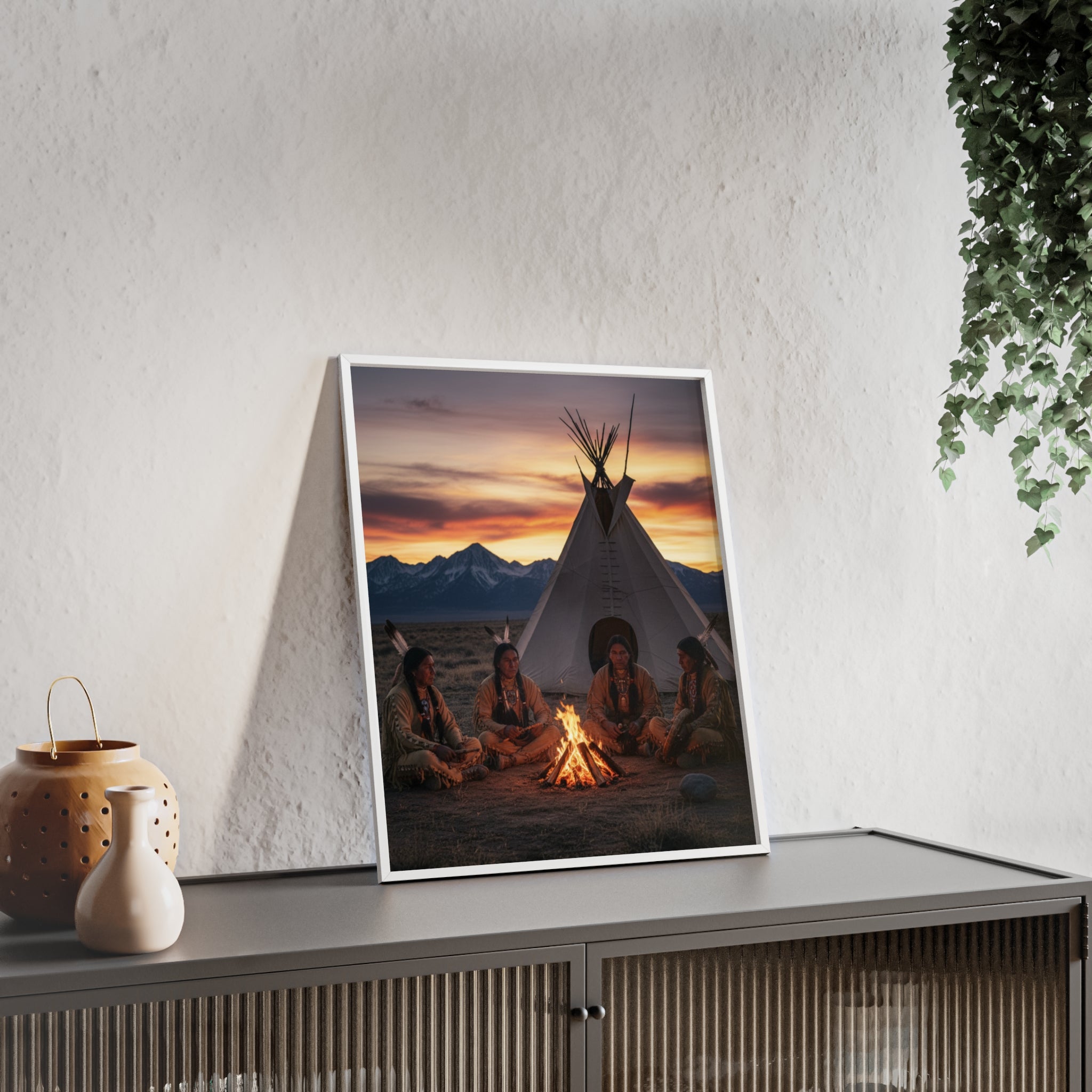 Framed Campfire Teepee Poster — Native Gathering Wall Art