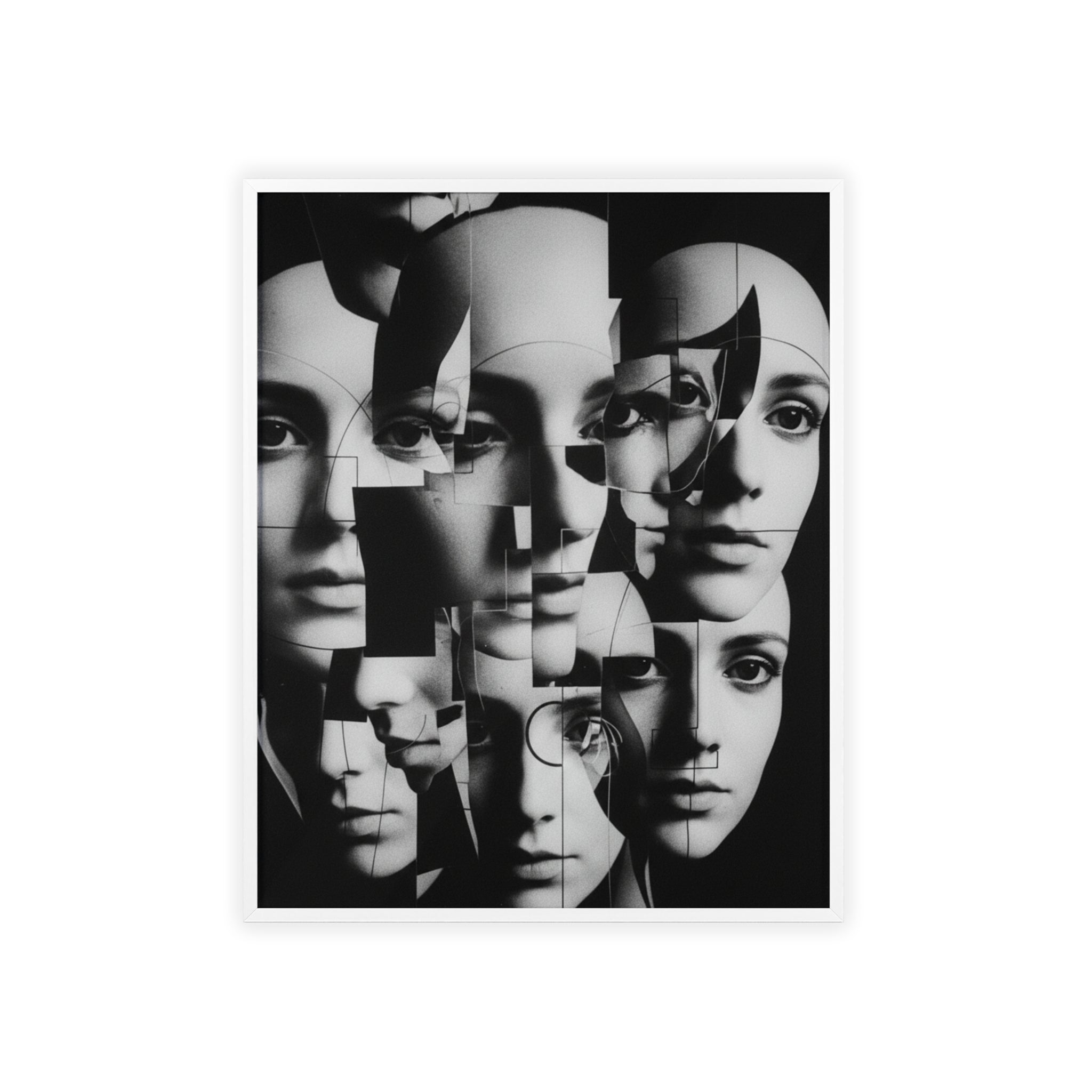 Surreal Multi-Face Black & White Poster — Framed Wooden Art Print