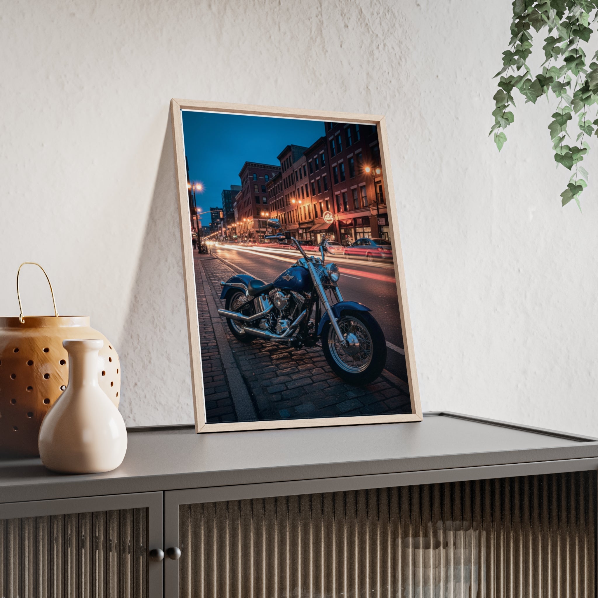 Framed Motorcycle Poster — Night City Street Bike Wall Art