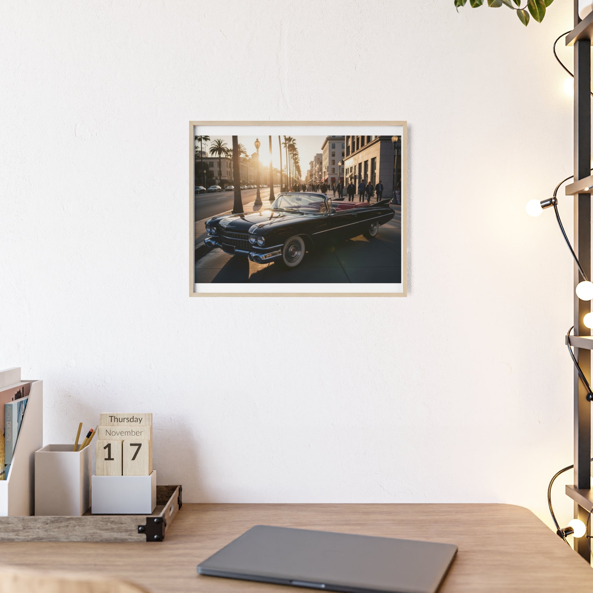 Vintage Convertible Sunset Poster with Wooden Frame