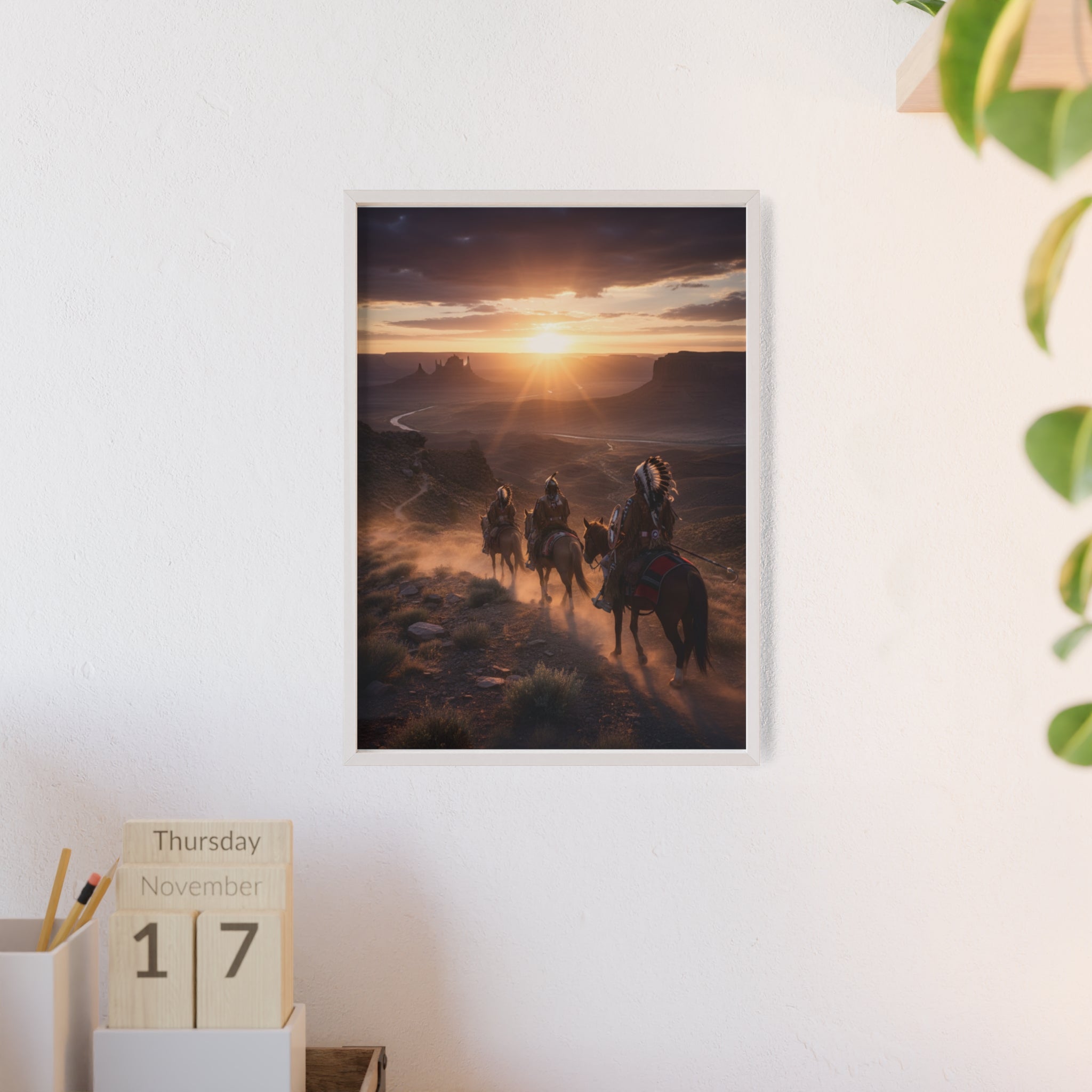 Framed Western Sunset Poster — Native Riders on Horseback Wall Art