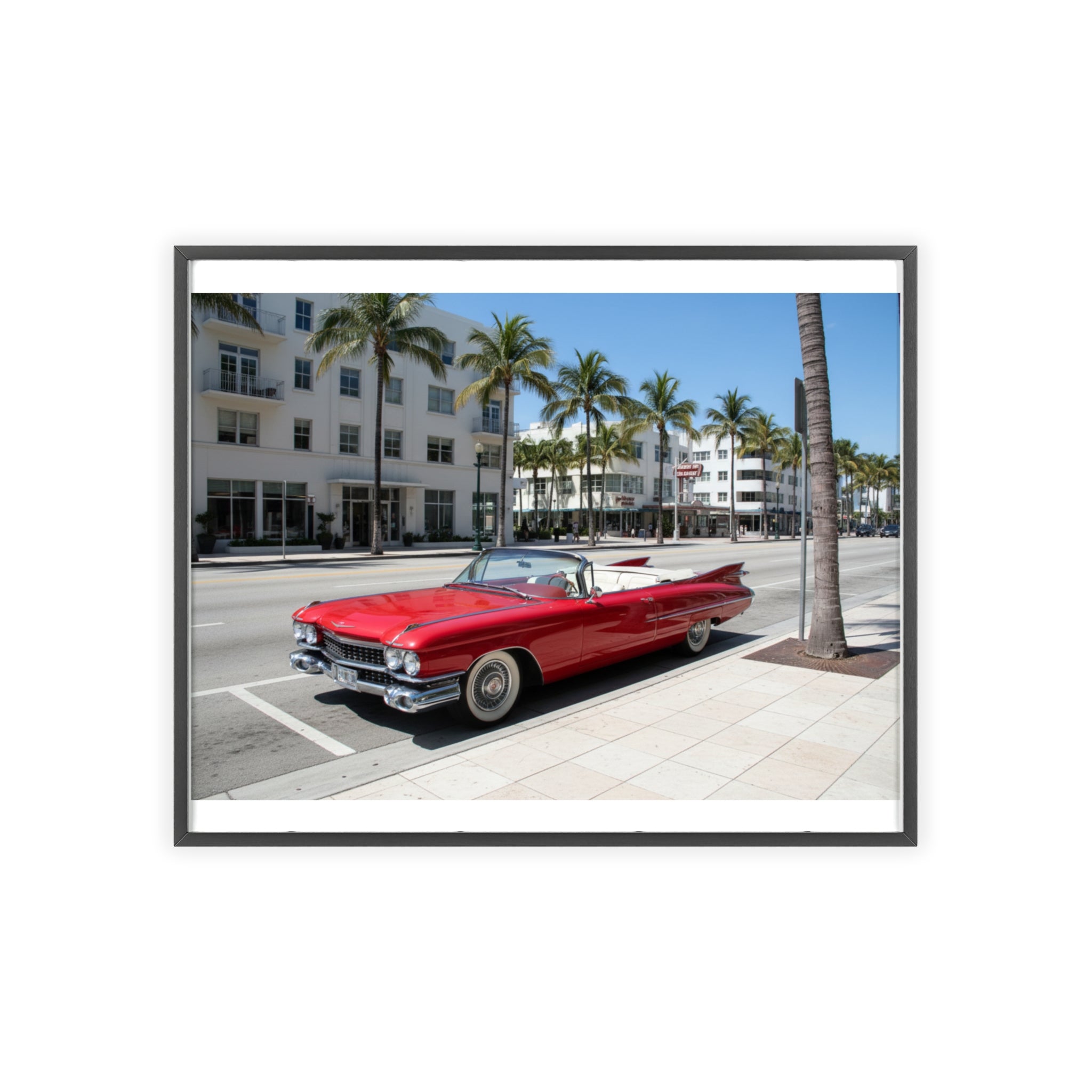 Retro Red Convertible Palm Beach Poster with Wooden Frame