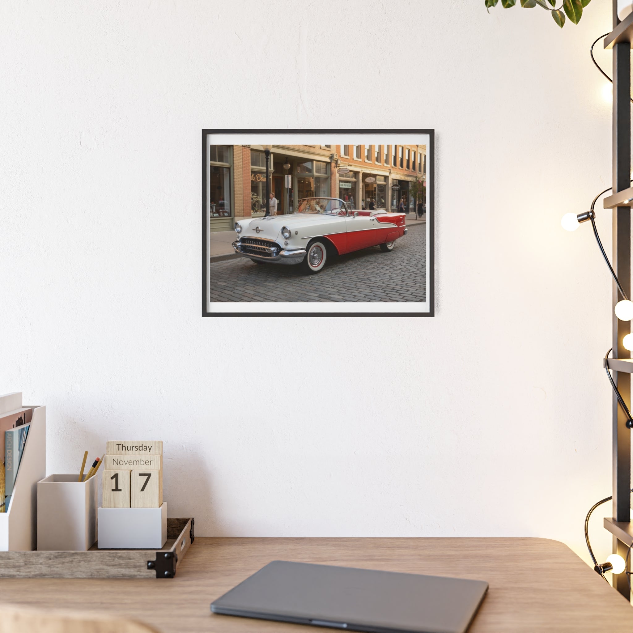 Vintage Red & White Convertible Poster with Wooden Frame — Retro Car Wall Art