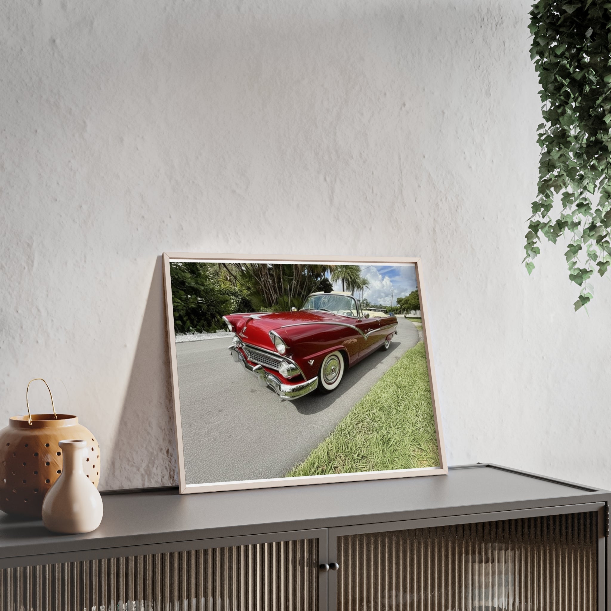 Vintage Red Convertible Poster with Wooden Frame — Classic Car Wall Art