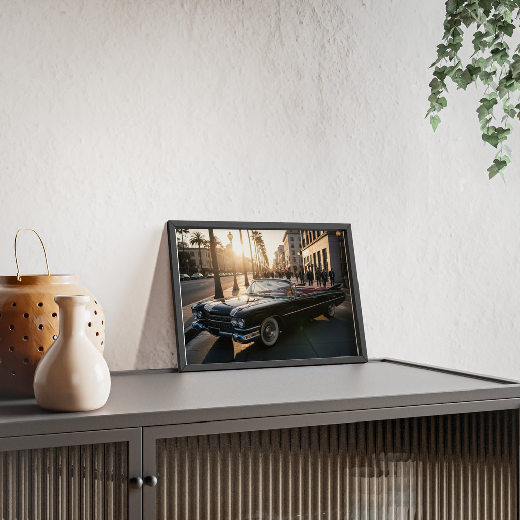 Vintage Convertible Sunset Poster with Wooden Frame