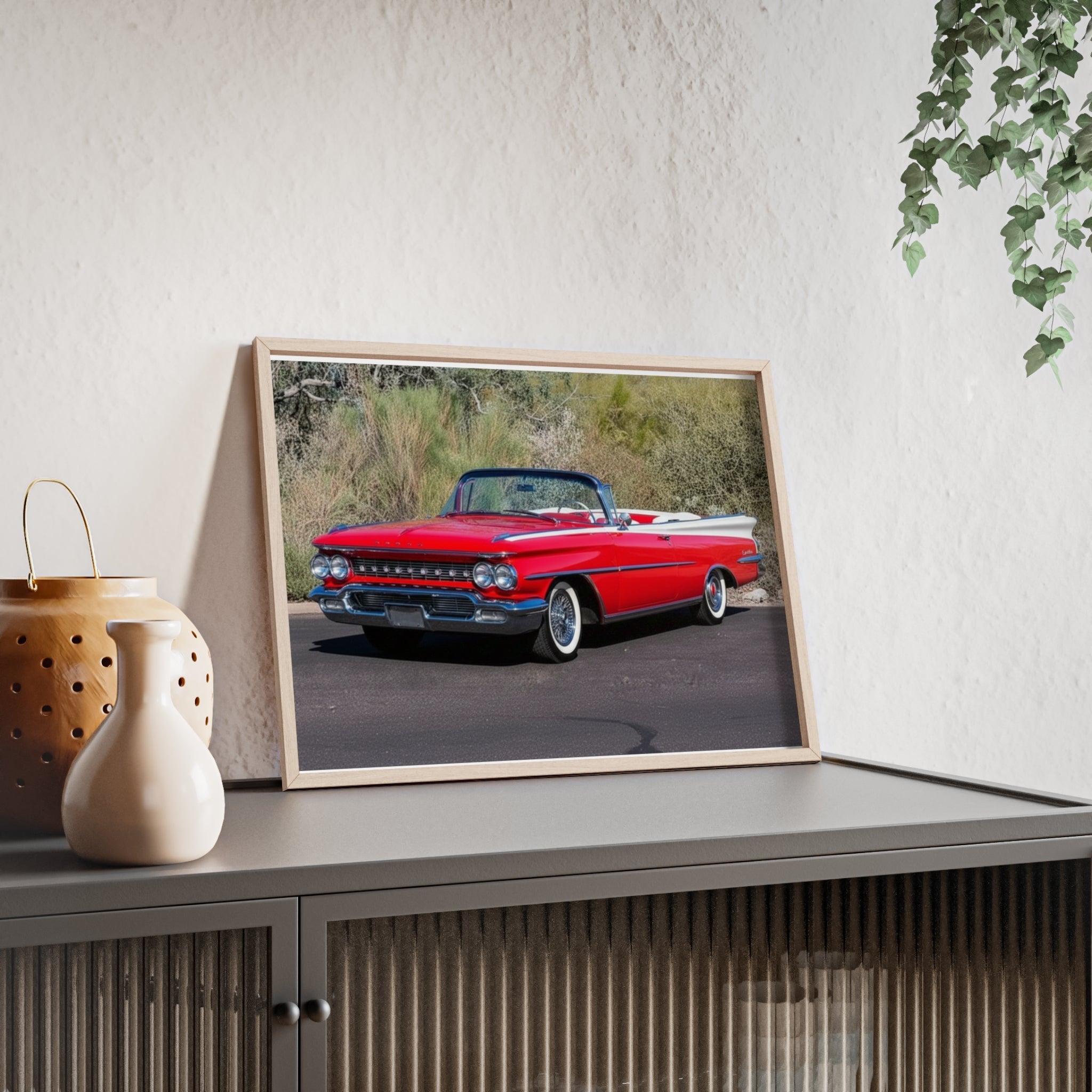 Vintage Red Convertible Car Poster with Wooden Frame — Classic Auto Wall Art