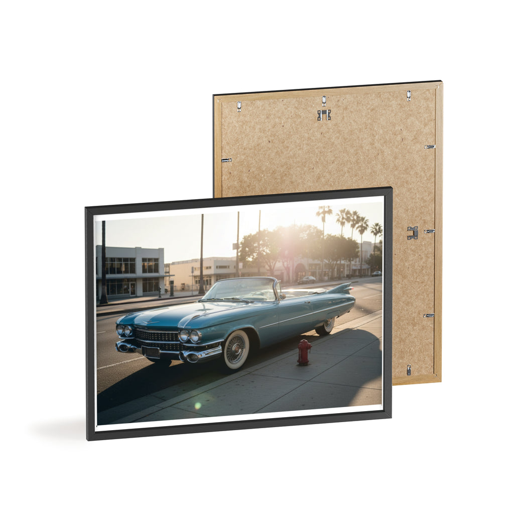 Vintage Blue Cadillac Poster with Wooden Frame – Retro Car Wall Art