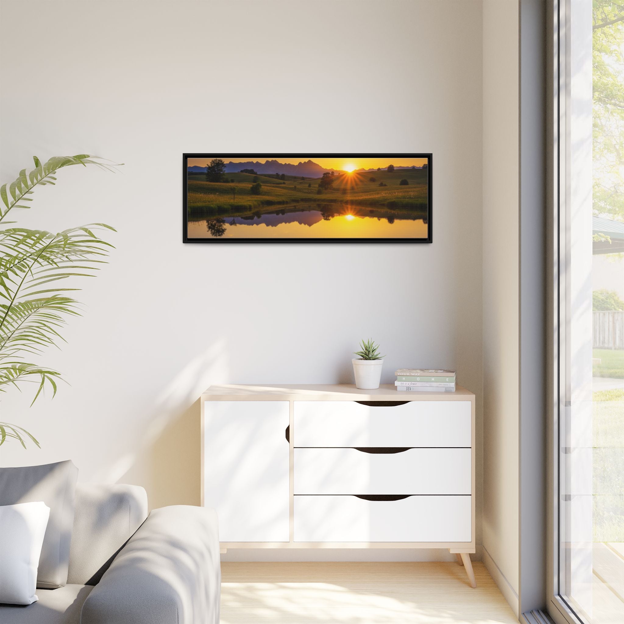 Framed Matte Canvas Sunset Landscape — Serene Lake Reflection Wall Art