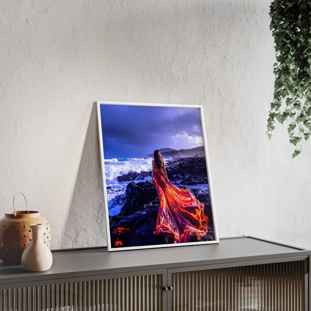 Framed Art Print — Woman in Fiery Red Dress on Rocky Shore (Wooden Frame Poster)