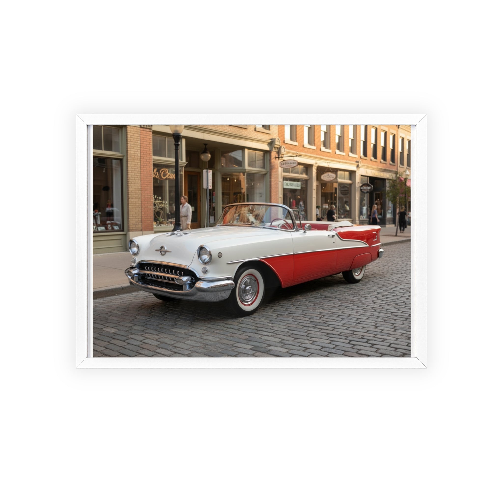 Vintage Red & White Convertible Poster with Wooden Frame — Retro Car Wall Art