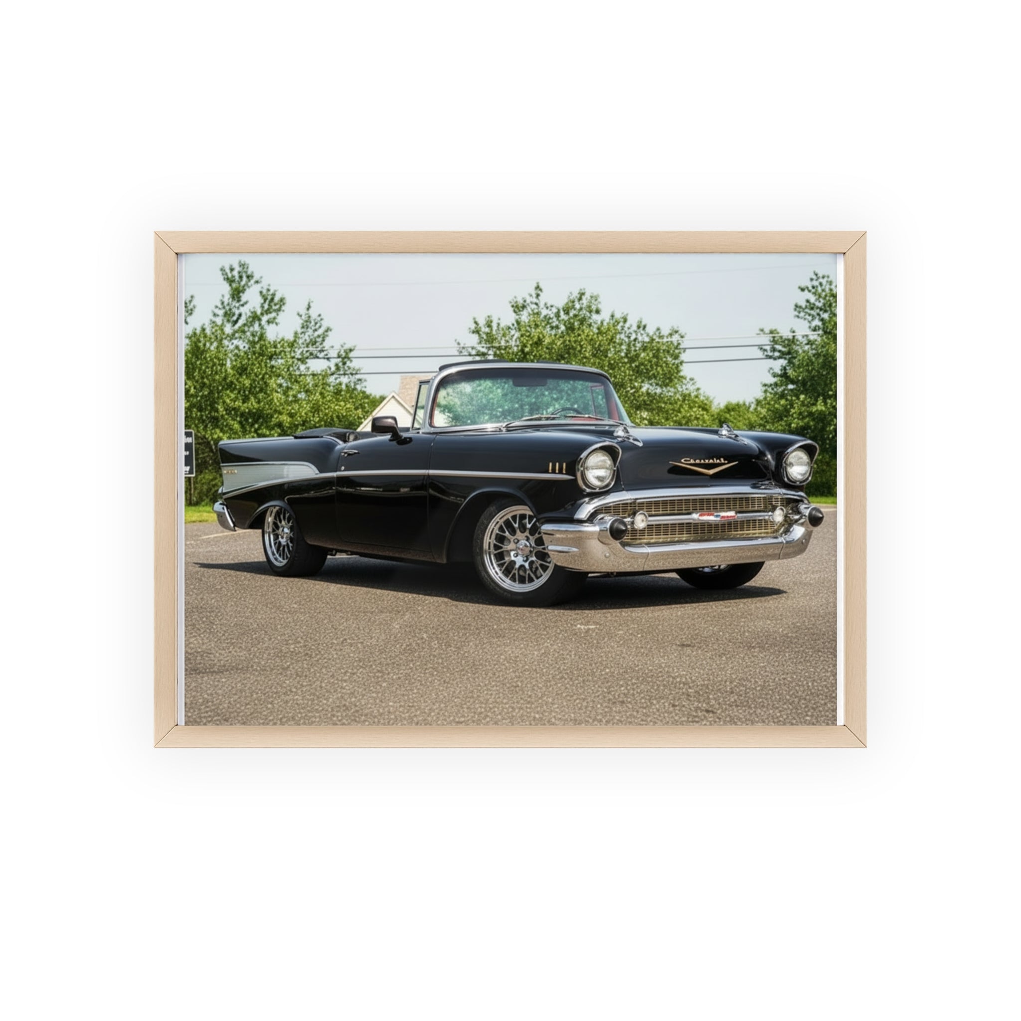 Classic Black 1957 Chevy Poster with Wooden Frame — Vintage Car Wall Art