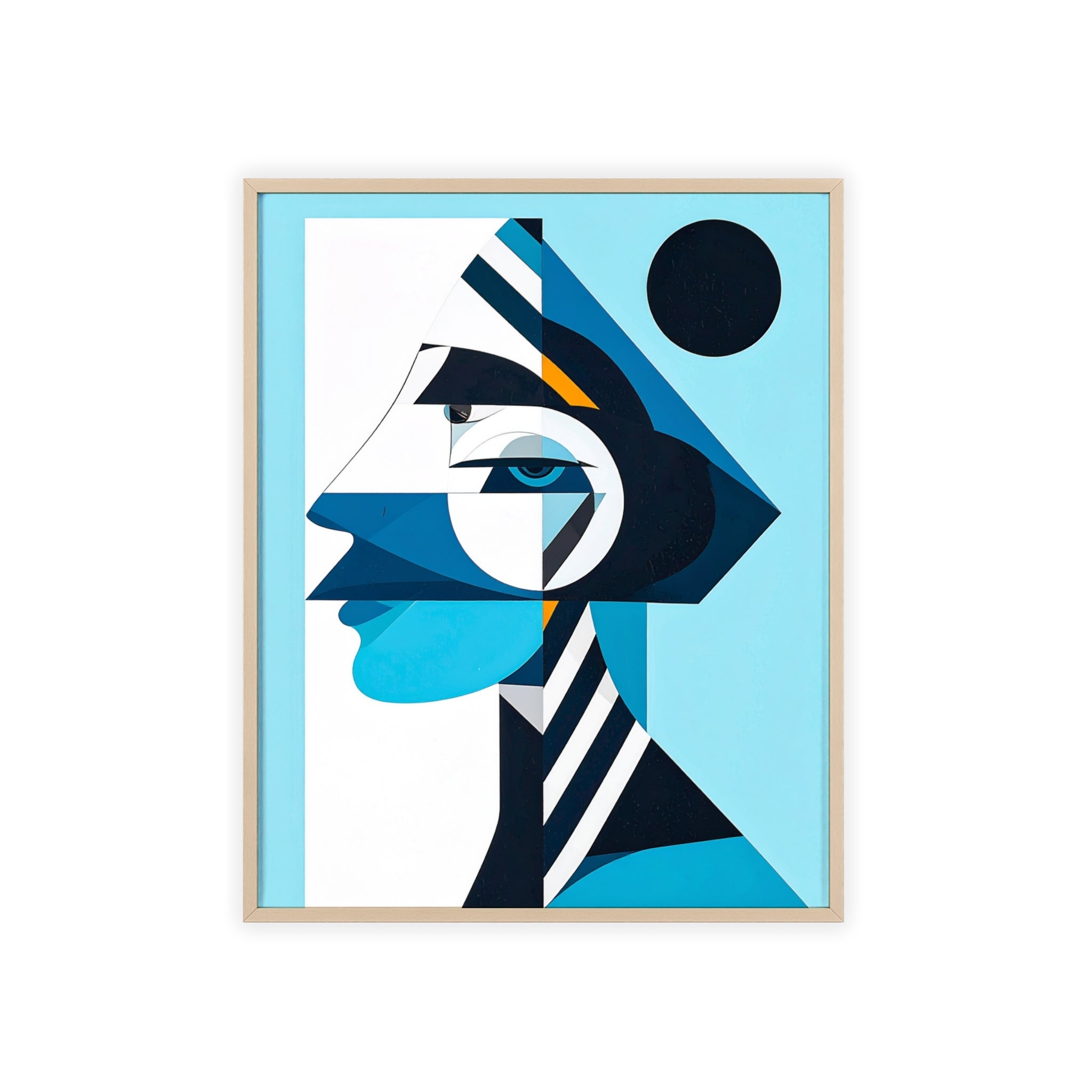 Abstract Geometric Portrait Poster with Wooden Frame — Blue Modern Wall Art