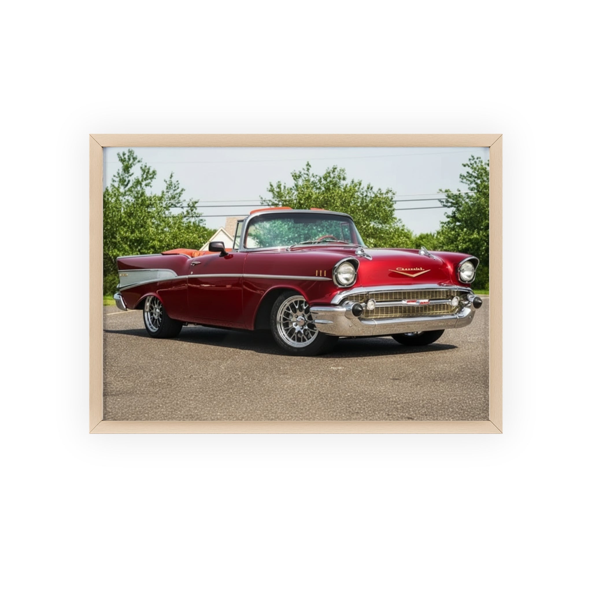 Vintage Red Classic Car Poster with Wooden Frame — Retro Automotive Wall Art