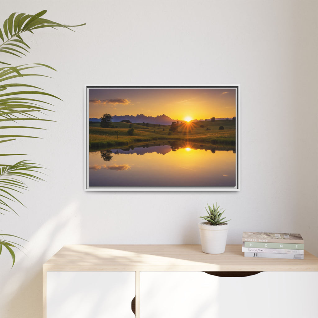 Framed Matte Canvas Sunset Landscape — Serene Lake Reflection Wall Art