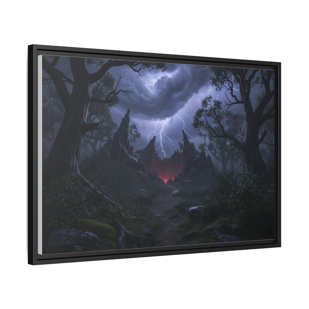 Dark Storm Forest Framed Canvas Print — Lightning, Haunted Castle Art
