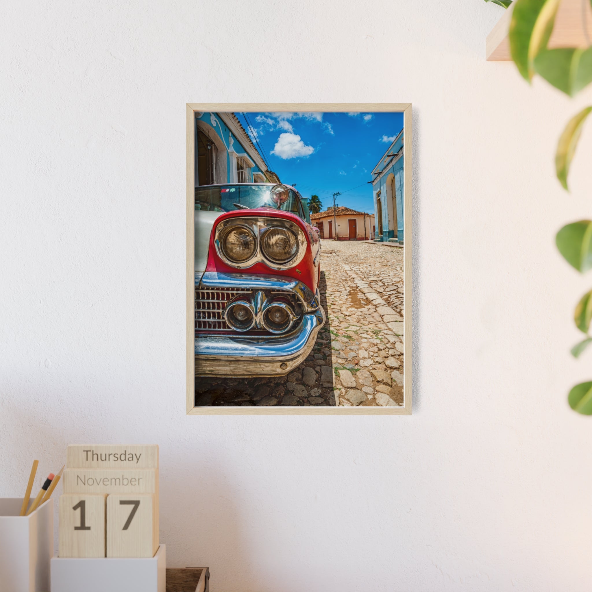Vintage Classic Car Poster with Wooden Frame — Retro Cuba Street Photography Wall Art