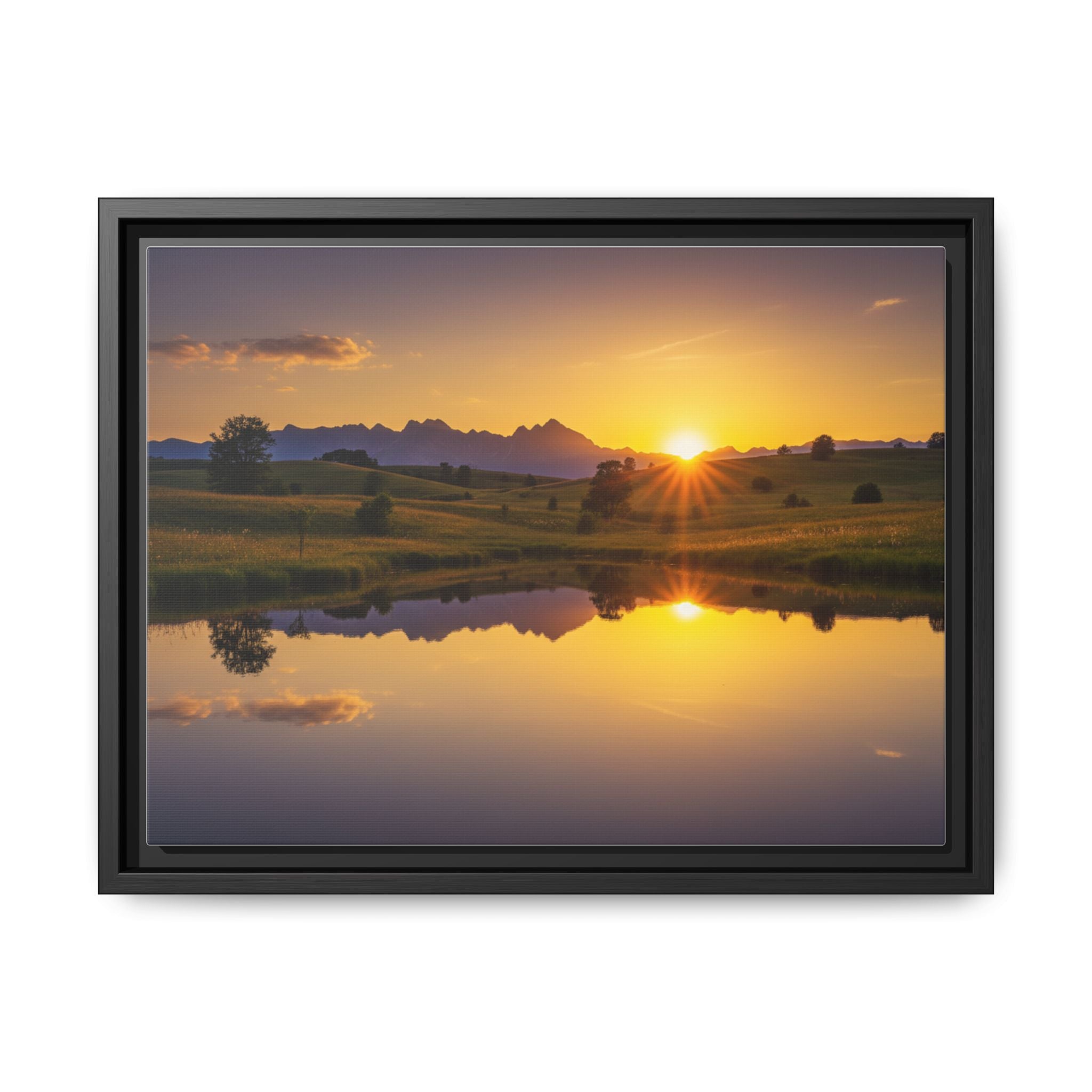 Framed Matte Canvas Sunset Landscape — Serene Lake Reflection Wall Art