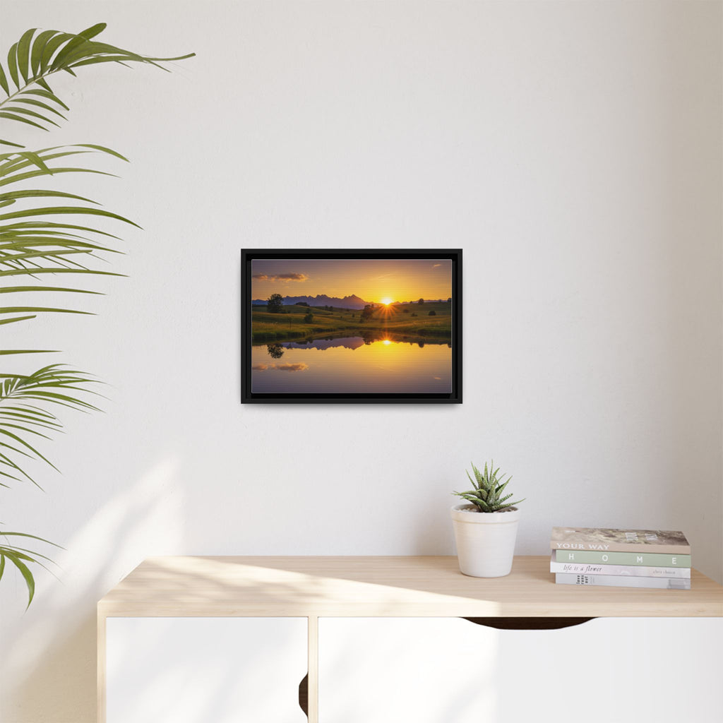 Framed Matte Canvas Sunset Landscape — Serene Lake Reflection Wall Art