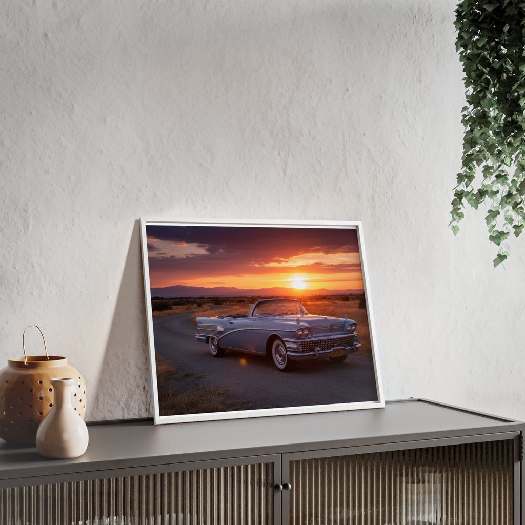 Vintage Convertible Sunset Poster with Wooden Frame