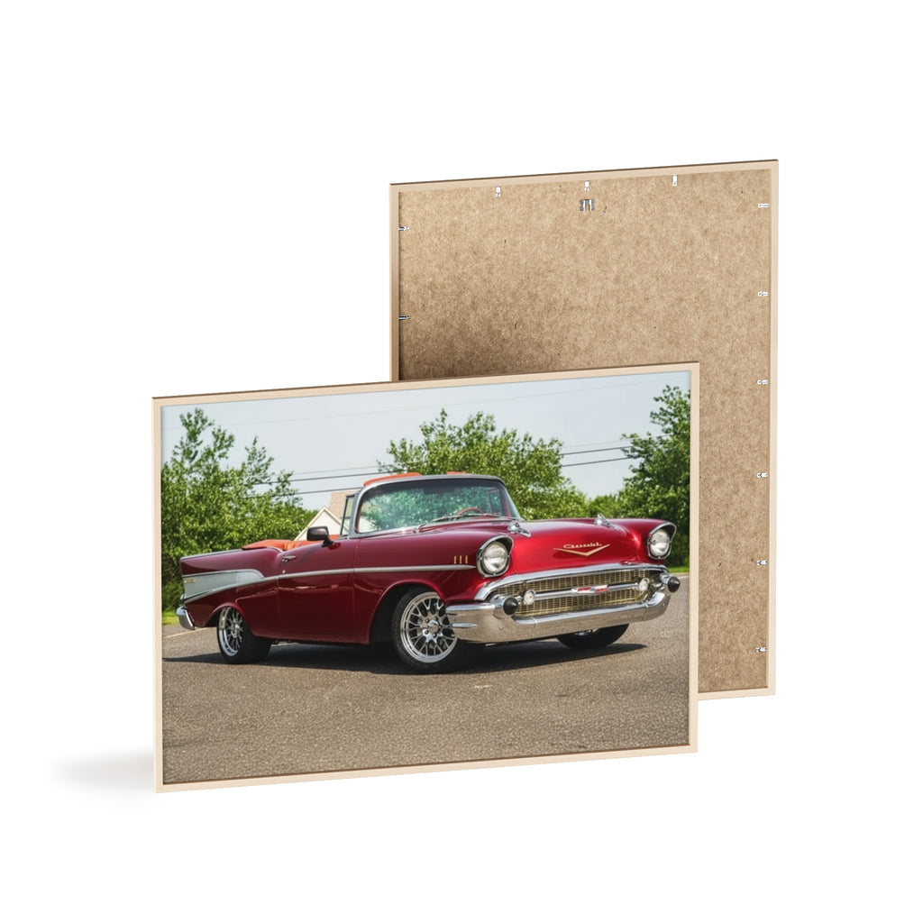 Vintage Red Classic Car Poster with Wooden Frame — Retro Automotive Wall Art