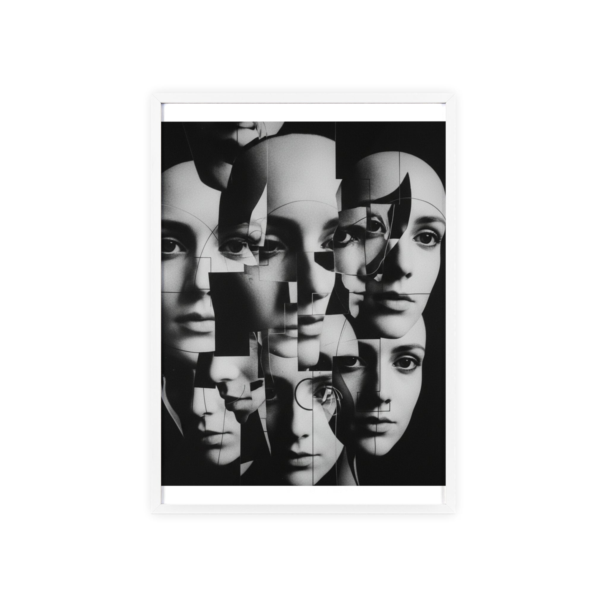 Surreal Multi-Face Black & White Poster — Framed Wooden Art Print