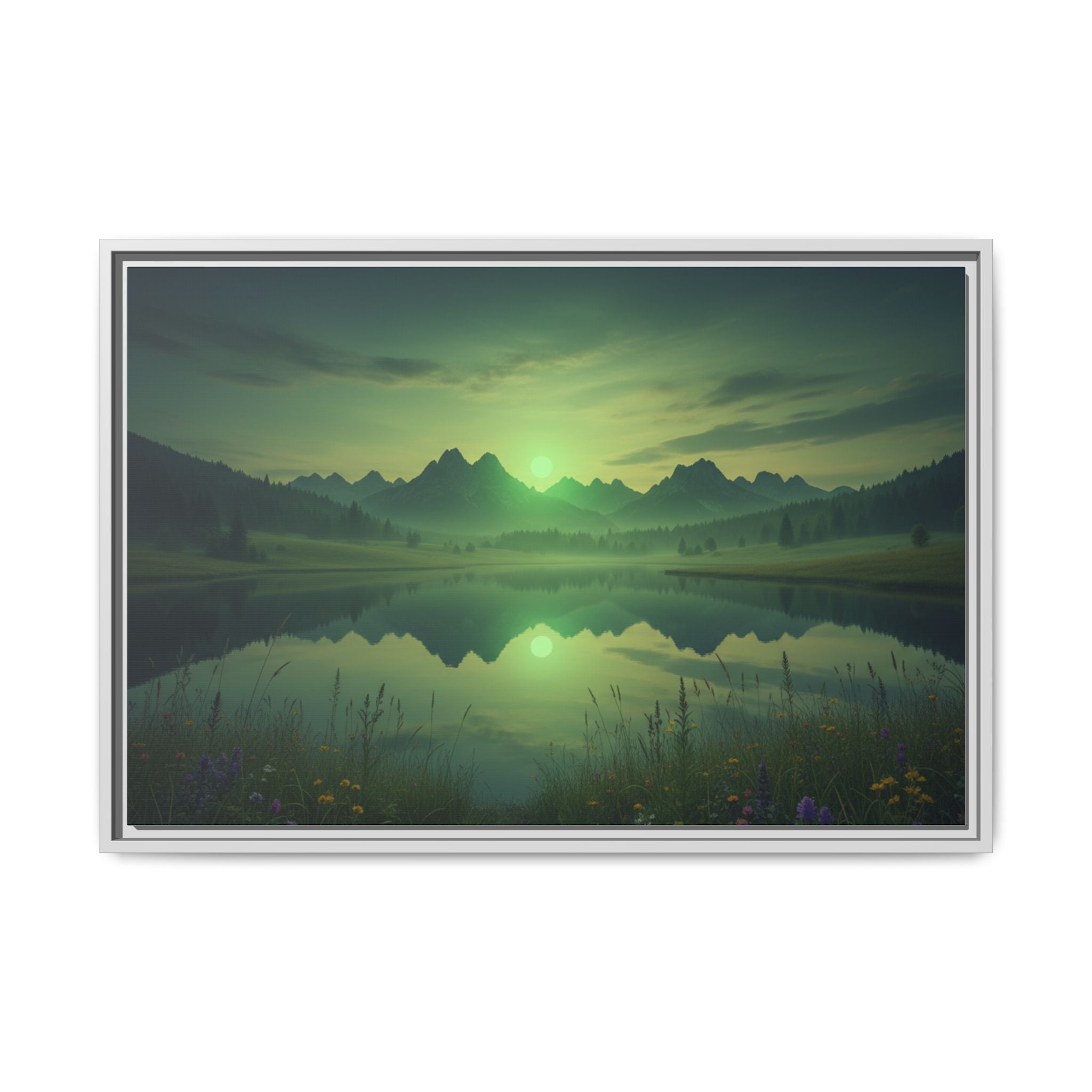 Framed Matte Canvas Print — Serene Green Mountain Lake Landscape