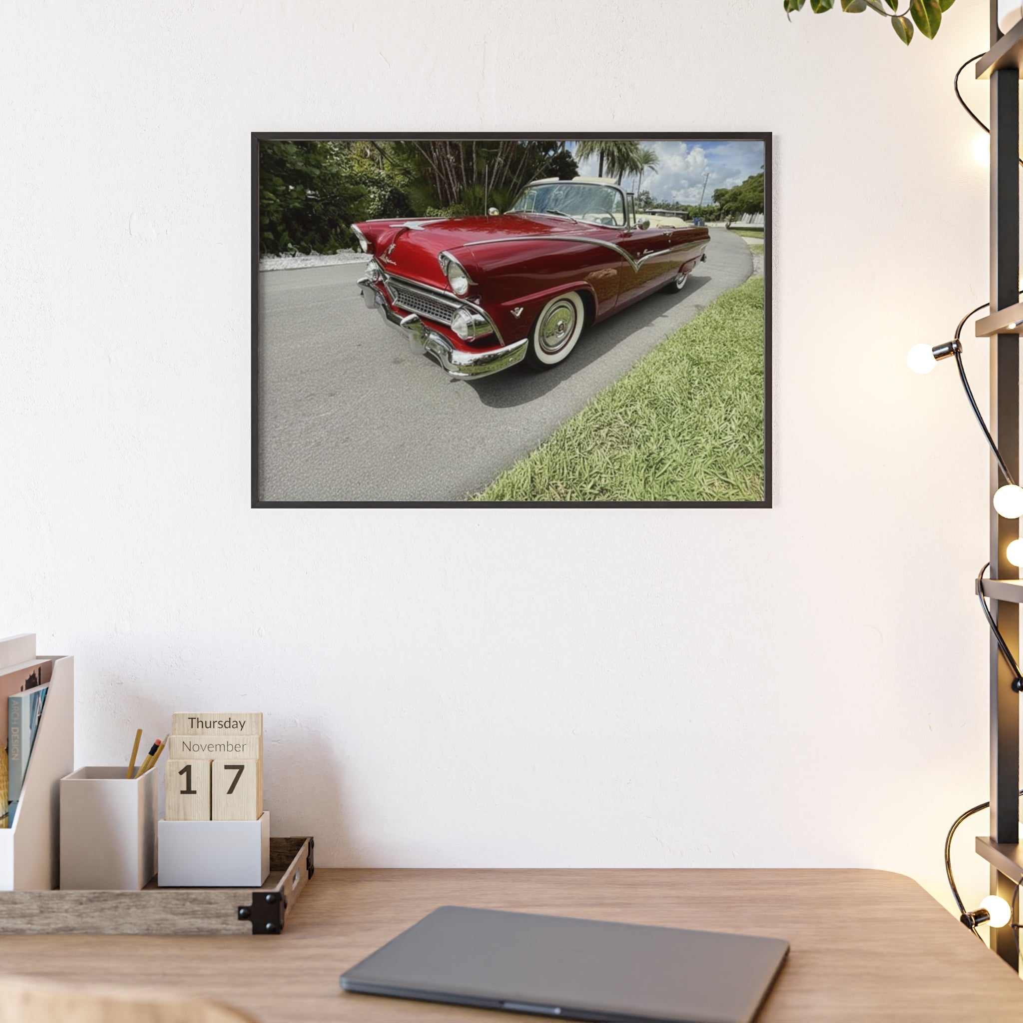 Vintage Red Convertible Poster with Wooden Frame — Classic Car Wall Art