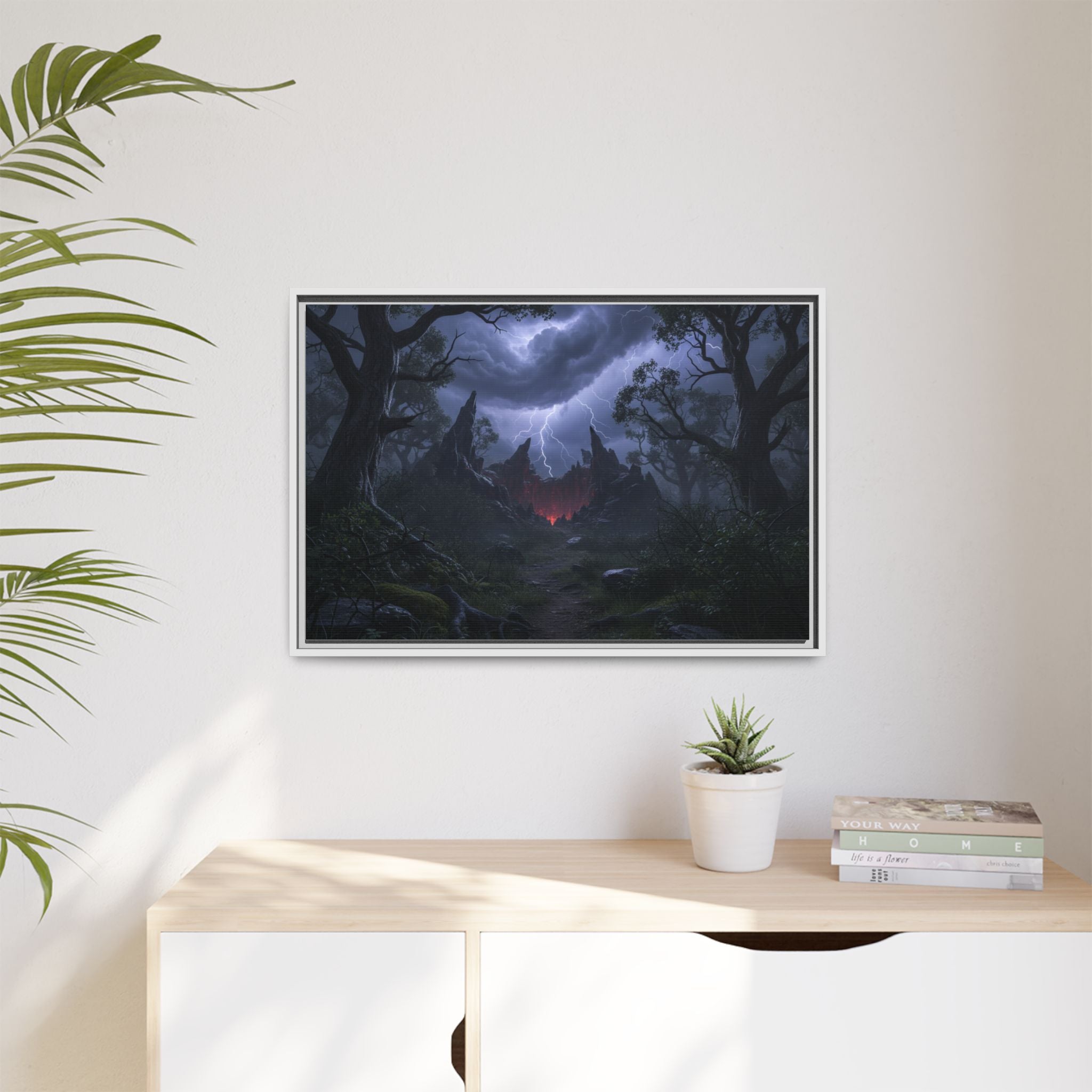 Dark Storm Forest Framed Canvas Print — Lightning, Haunted Castle Art