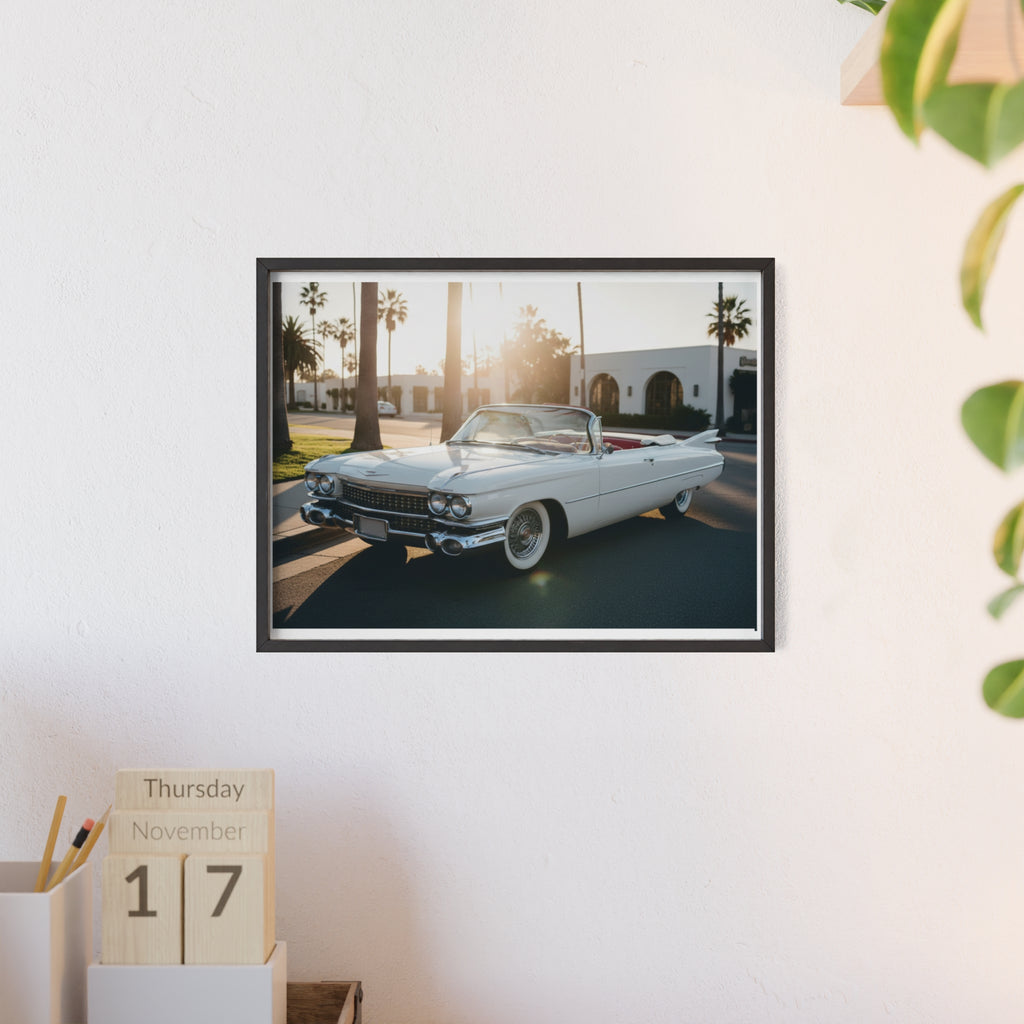 Vintage Cadillac Convertible Poster with Wooden Frame — Retro Palm Trees Sunset Wall Art