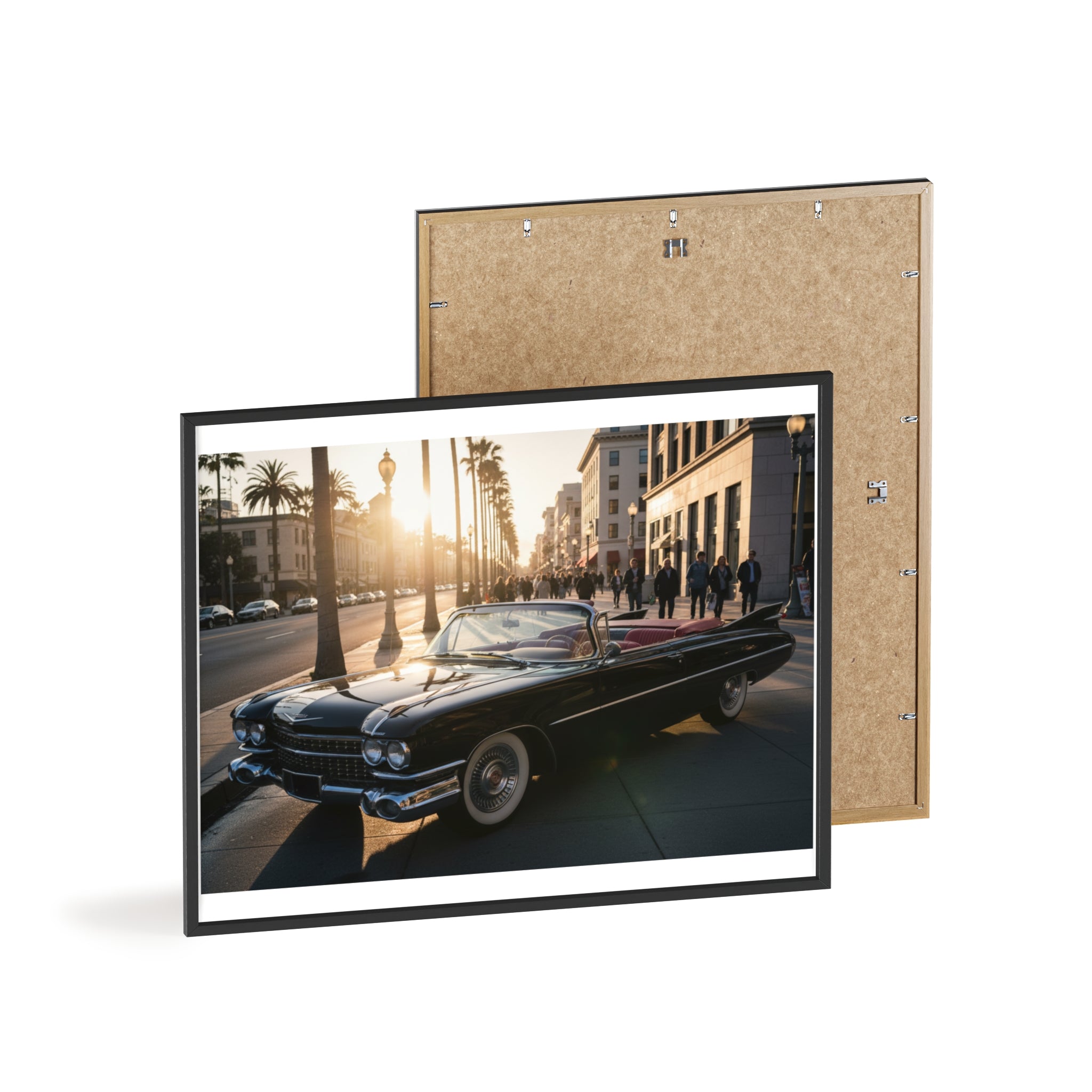 Vintage Convertible Sunset Poster with Wooden Frame