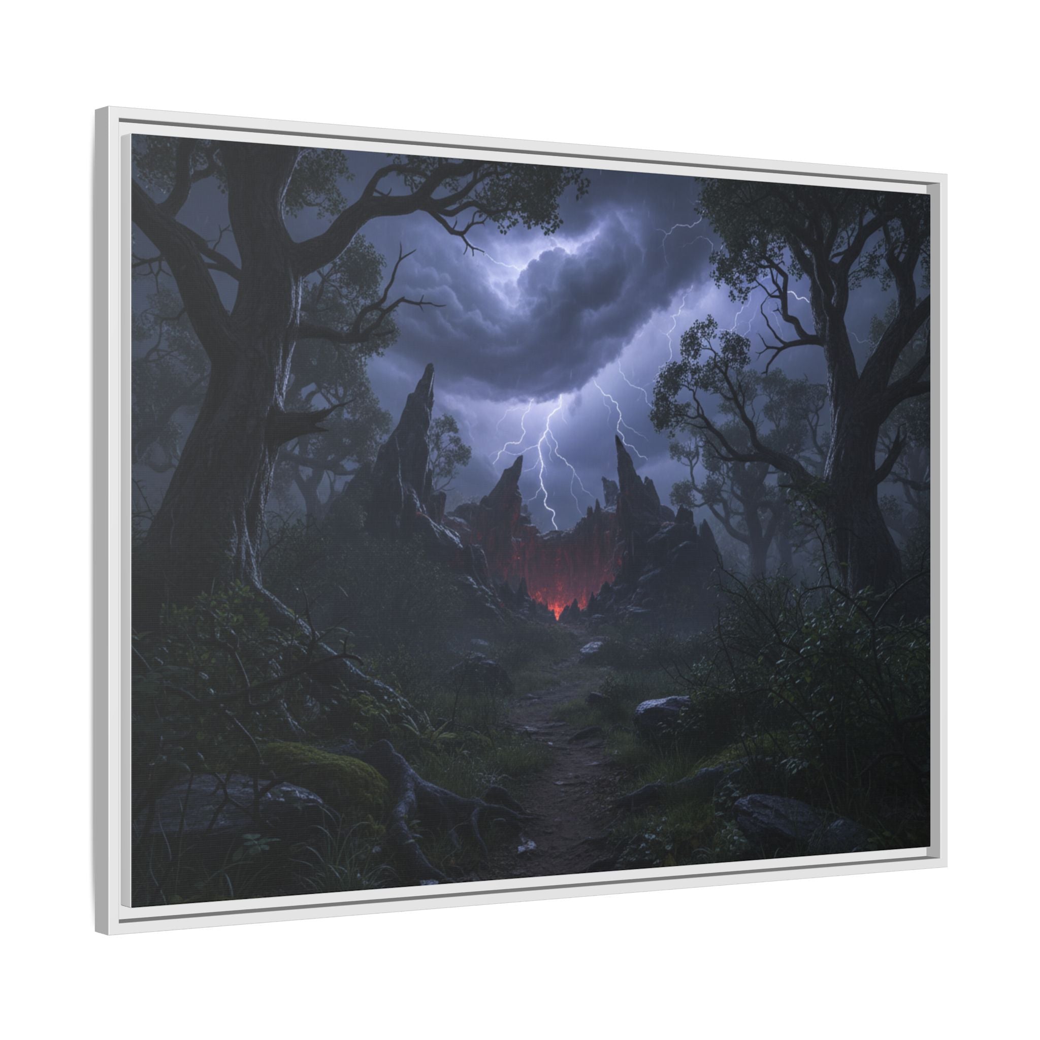 Dark Storm Forest Framed Canvas Print — Lightning, Haunted Castle Art