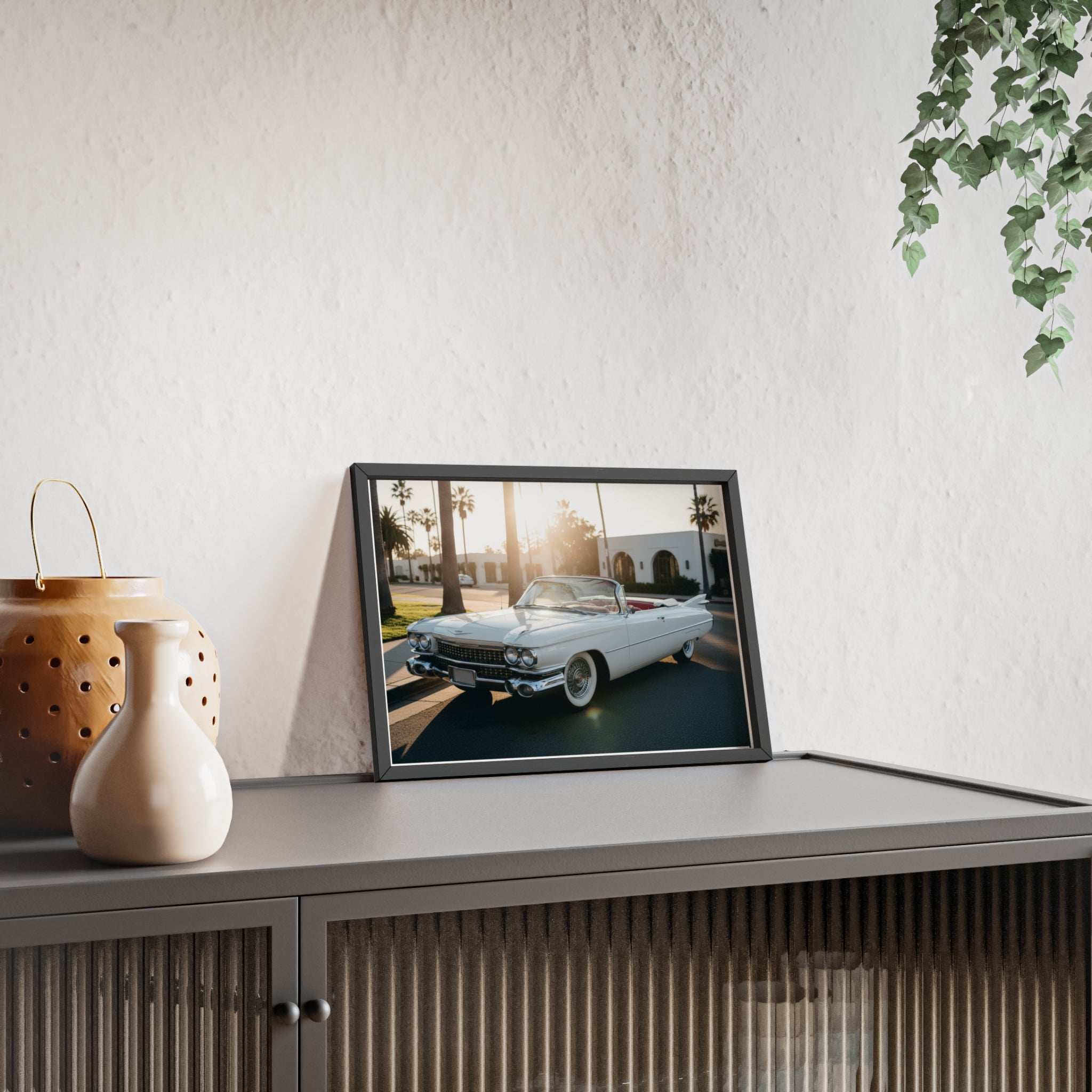 Vintage Cadillac Convertible Poster with Wooden Frame — Retro Palm Trees Sunset Wall Art