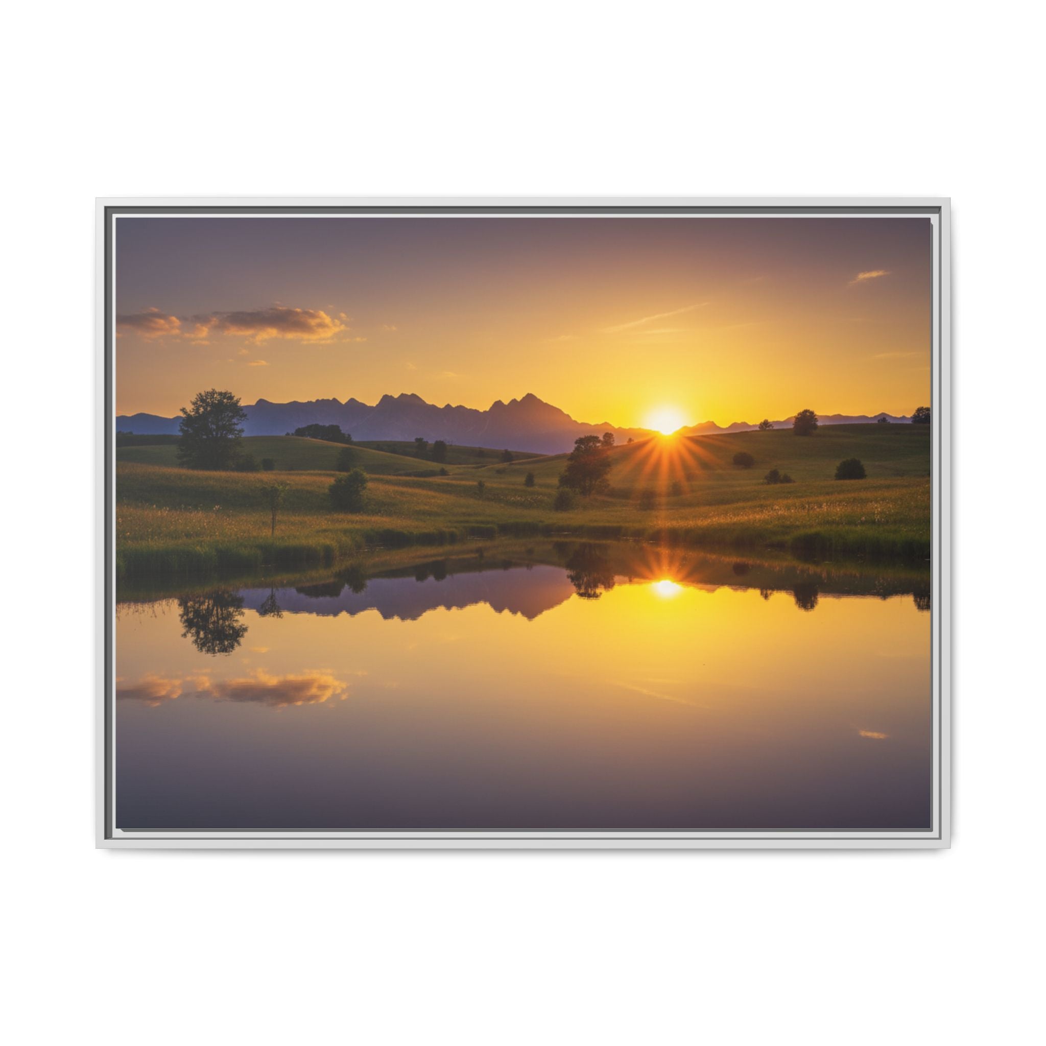 Framed Matte Canvas Sunset Landscape — Serene Lake Reflection Wall Art