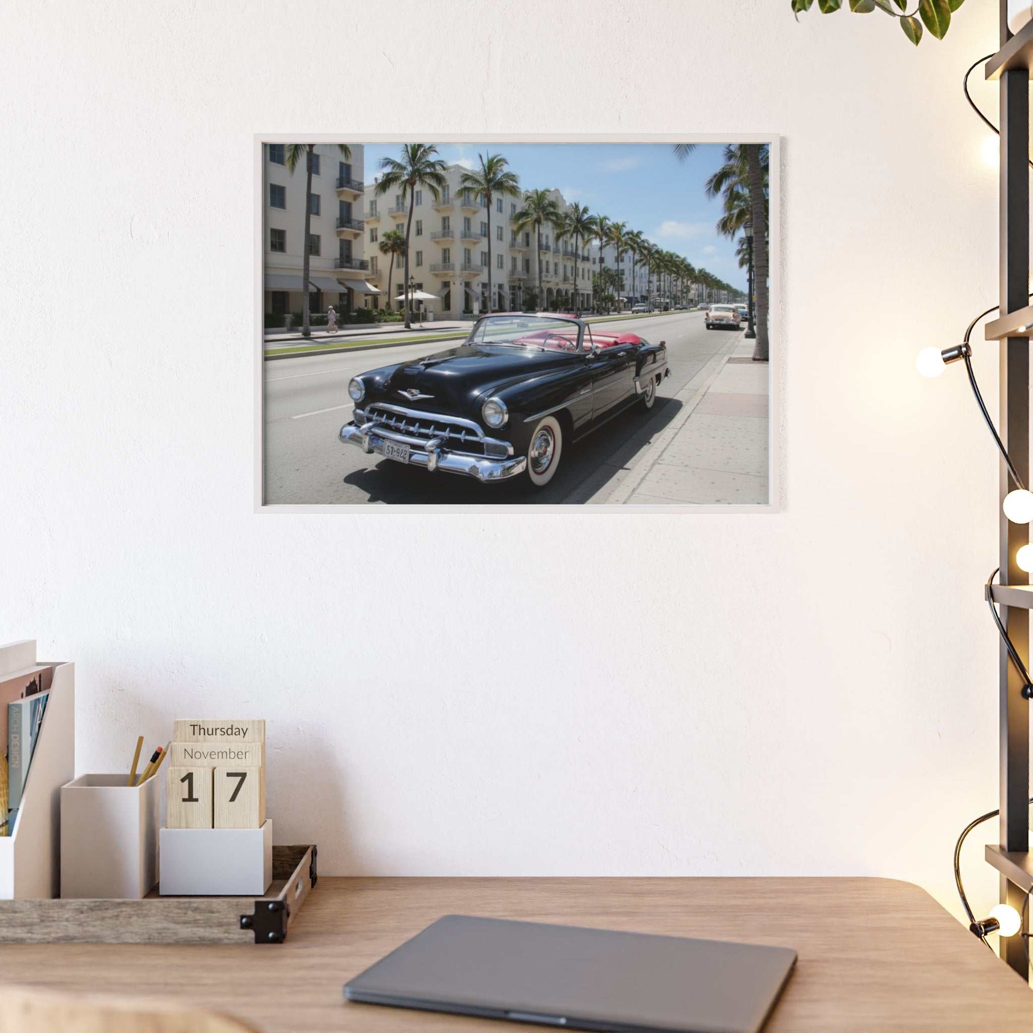 Vintage Convertible on Ocean Drive Framed Poster – Retro Classic Car Wall Art