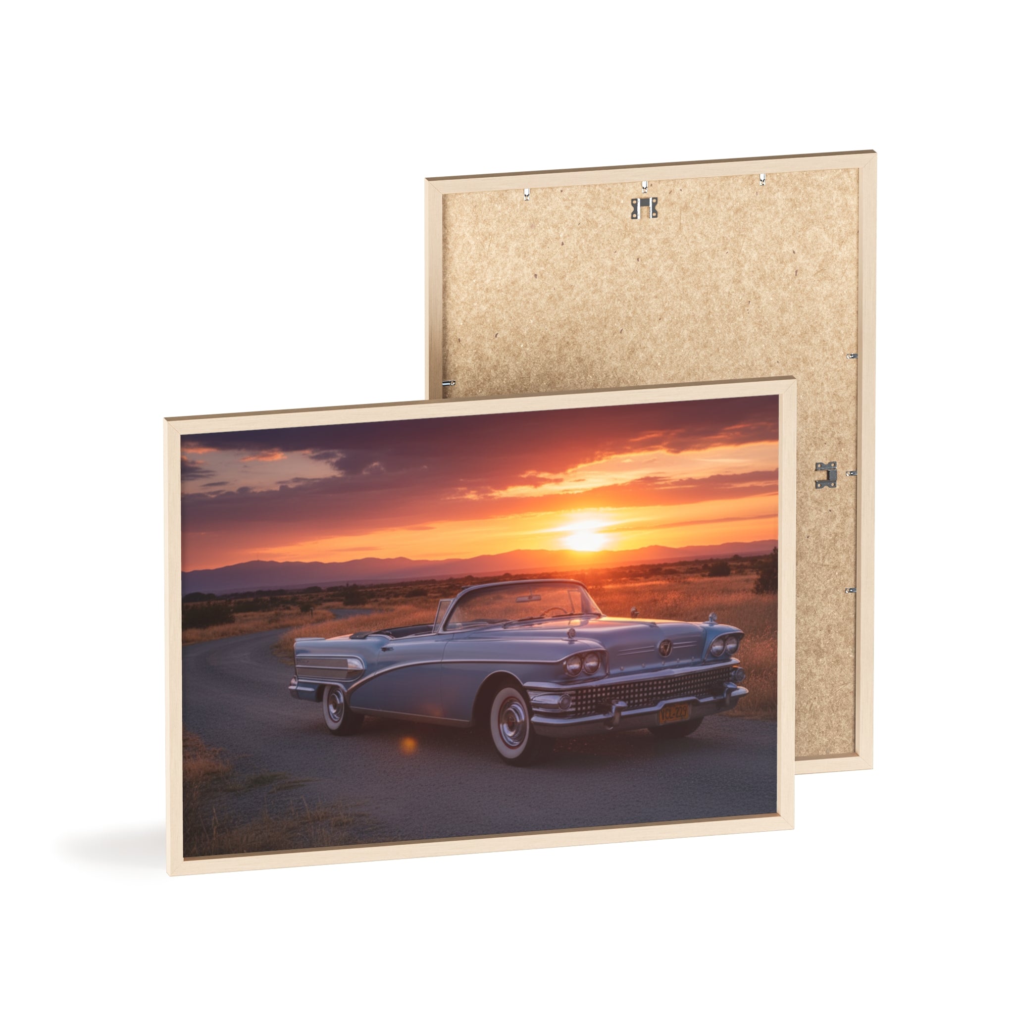 Vintage Convertible Sunset Poster with Wooden Frame