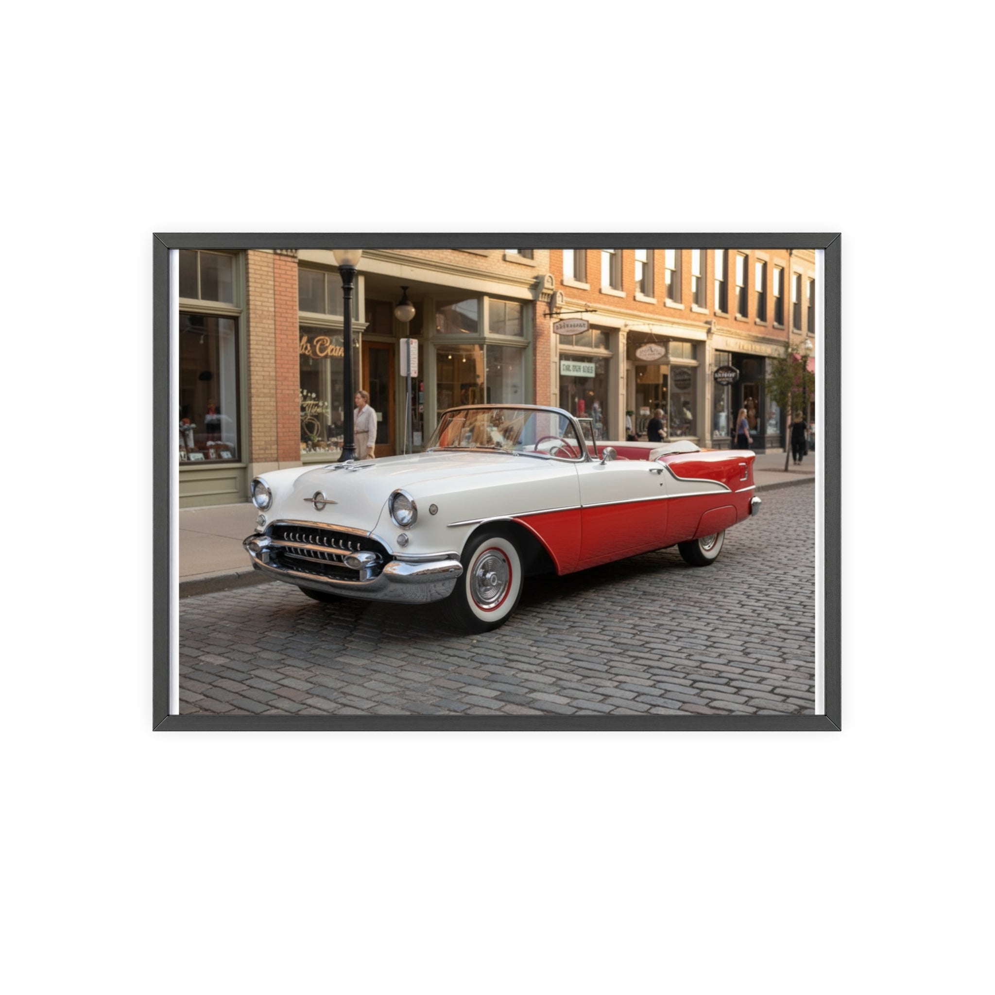 Vintage Red & White Convertible Poster with Wooden Frame — Retro Car Wall Art