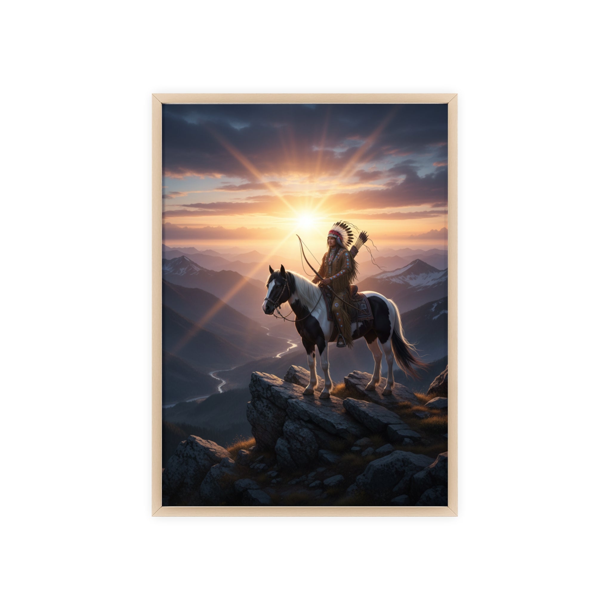Native American Warrior on Horse Framed Poster — Scenic Sunrise Wall Art