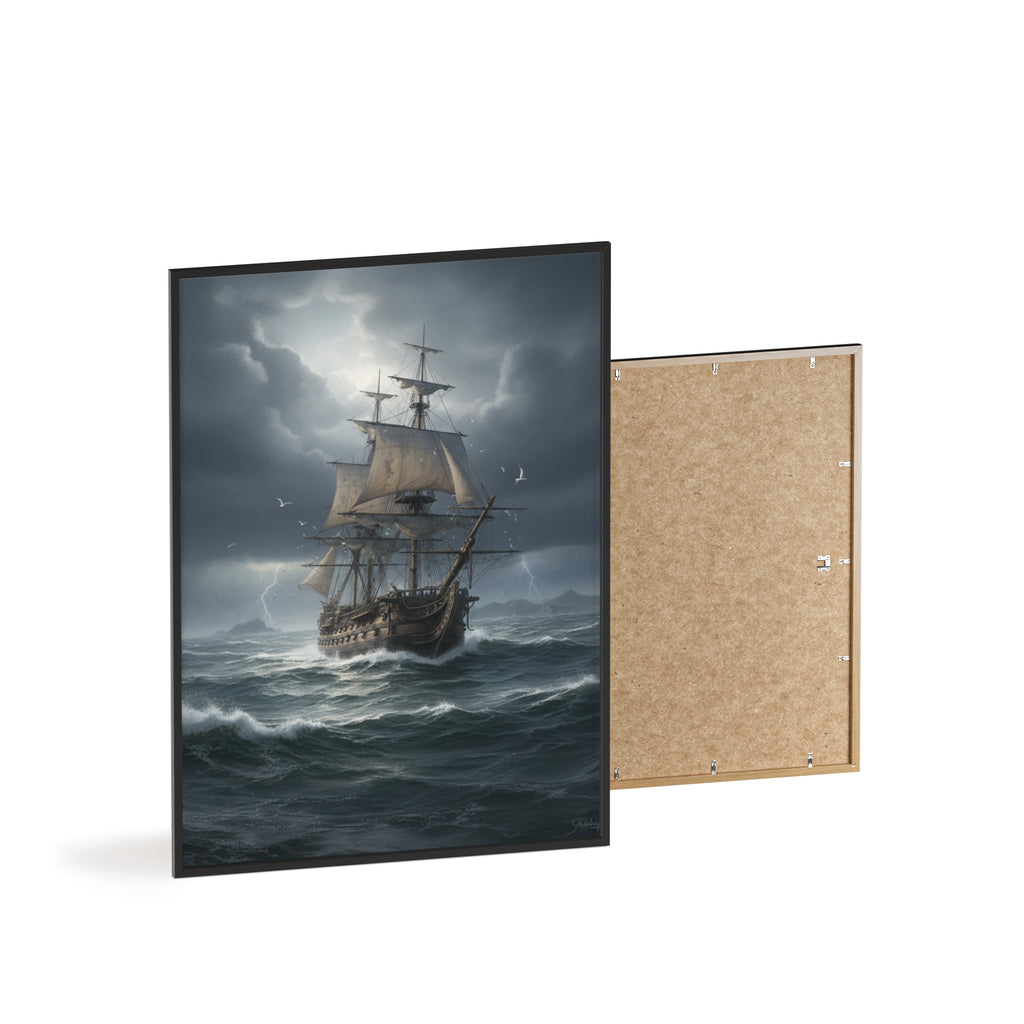 Framed Stormy Sea Ship Poster — Nautical Wall Art with Wooden Frame