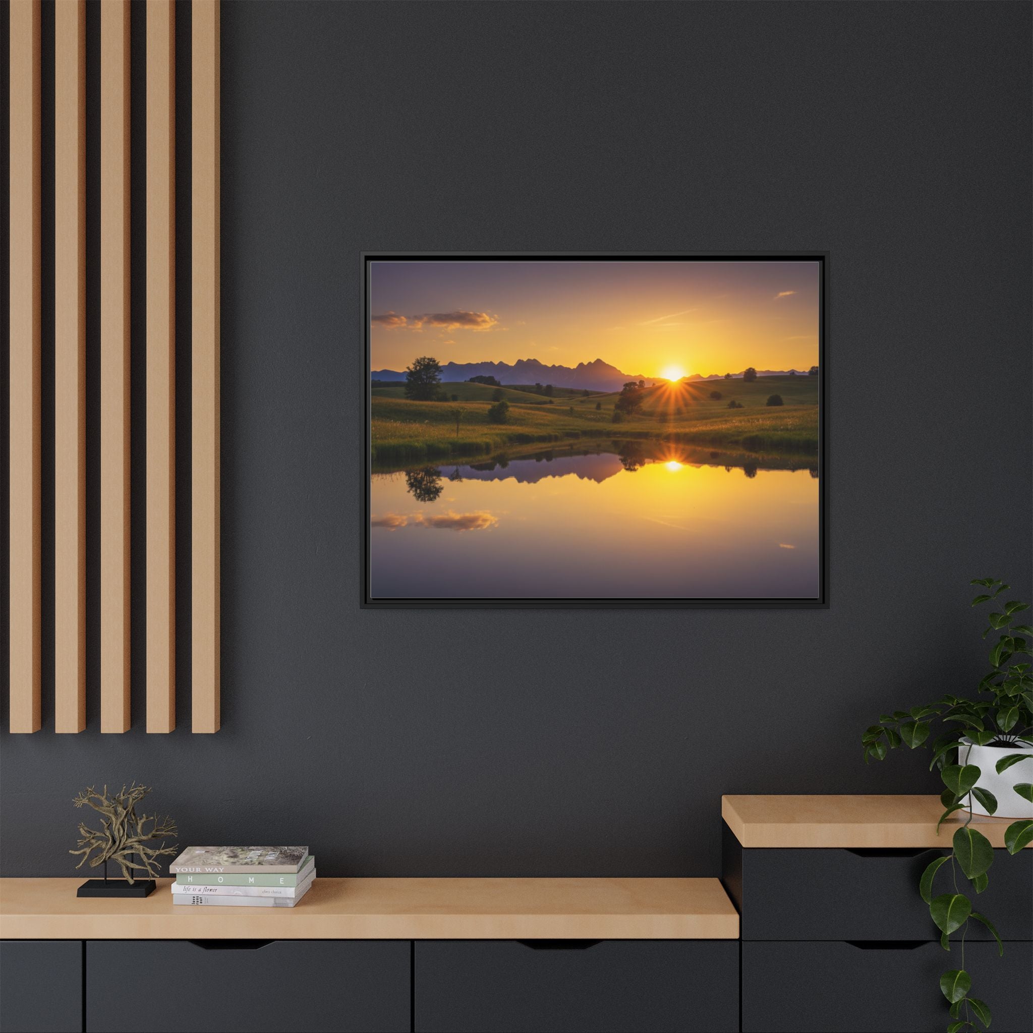 Framed Matte Canvas Sunset Landscape — Serene Lake Reflection Wall Art