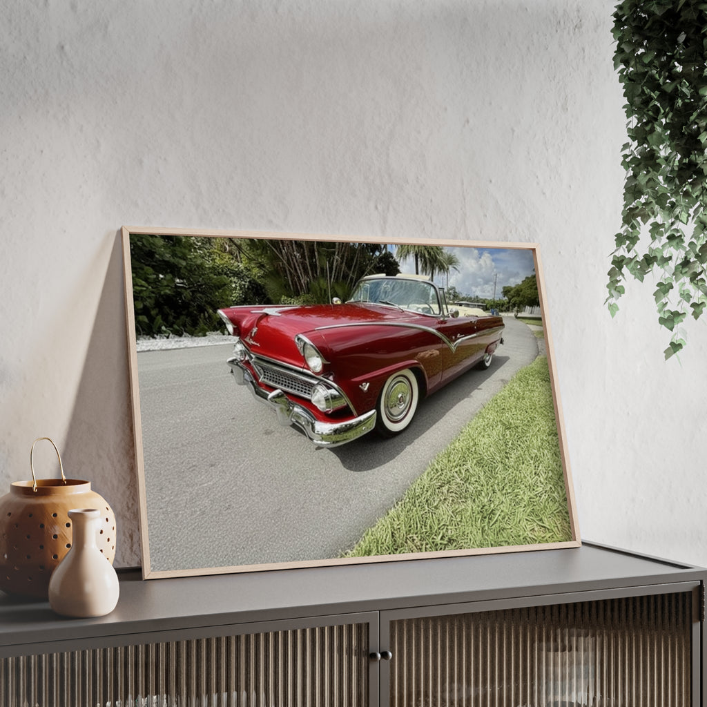 Vintage Red Convertible Poster with Wooden Frame — Classic Car Wall Art