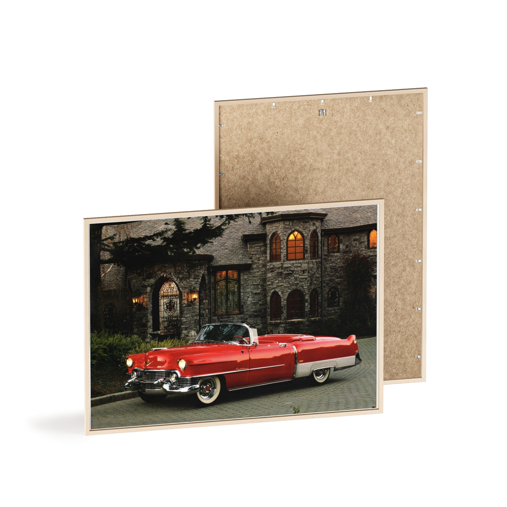 Vintage Red Convertible Poster with Wooden Frame — Classic Car Wall Art